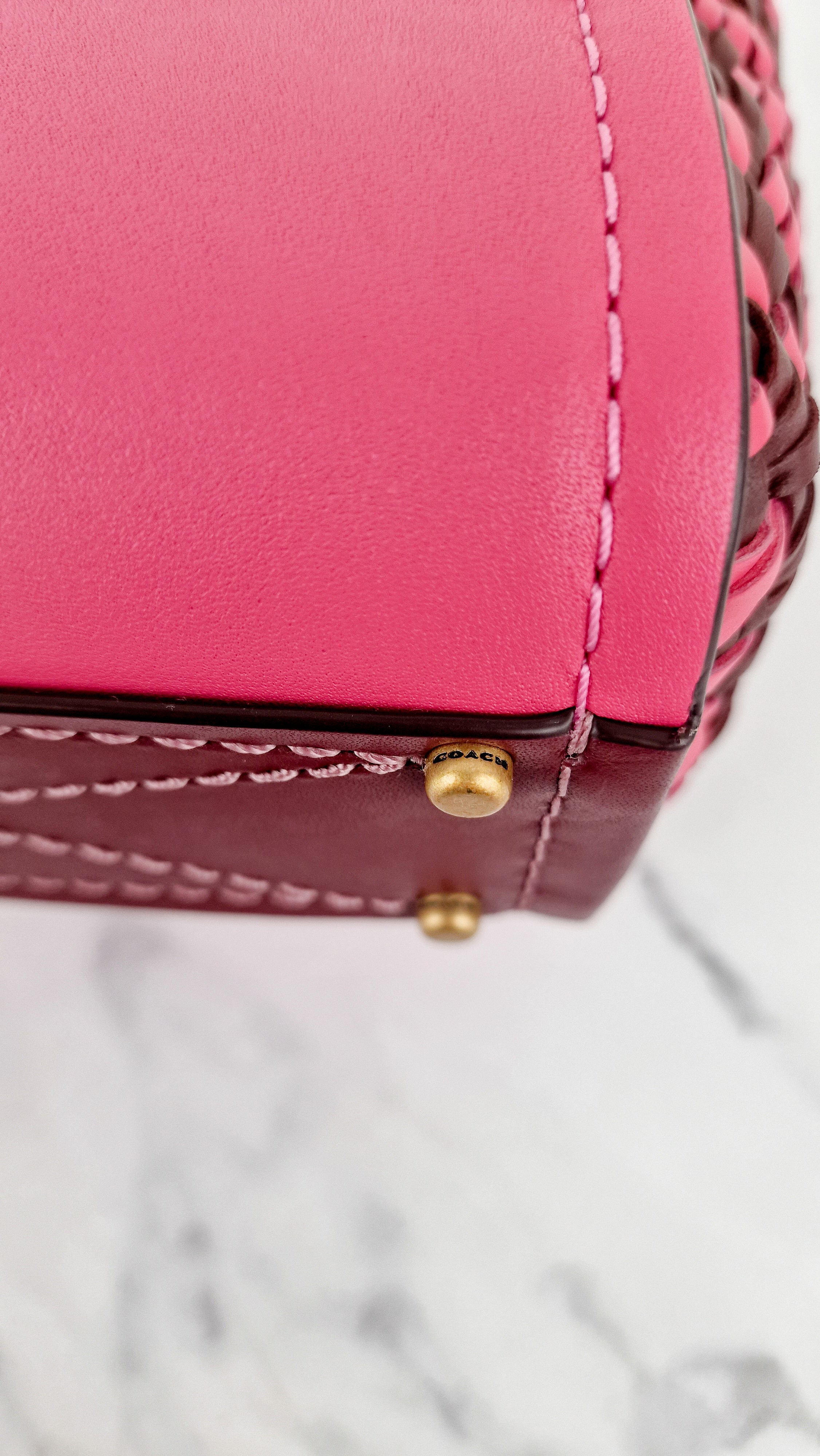 Coach 1941 Troupe Tote 16 in Confetti Pink with Weaving Upwoven sides Smooth Leather - Crossbody Mini Bag Handbag - Coach 619 - Image 12