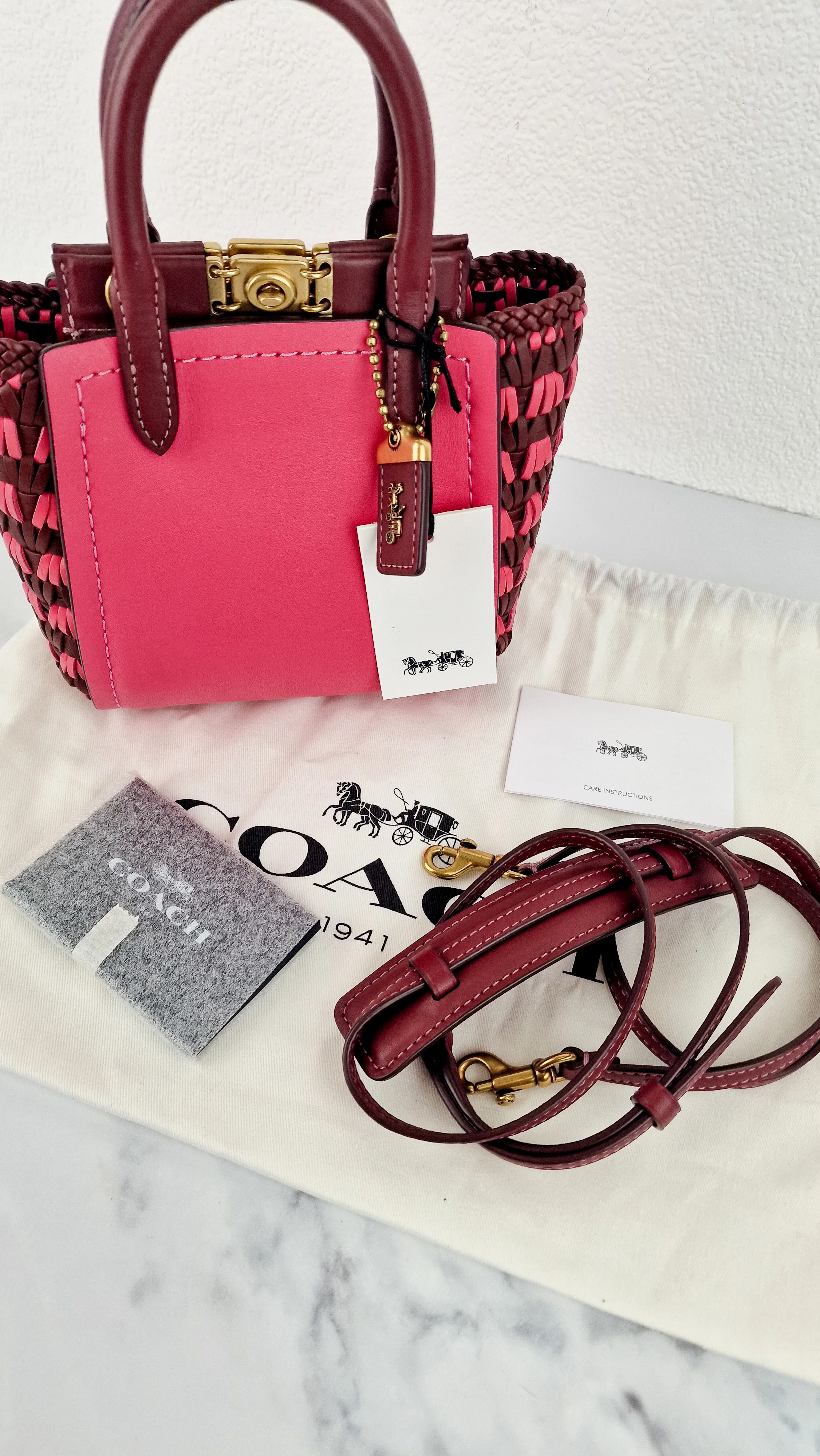 Coach 1941 Troupe Tote 16 in Confetti Pink with Weaving Upwoven sides Smooth Leather - Crossbody Mini Bag Handbag - Coach 619 - Image 16