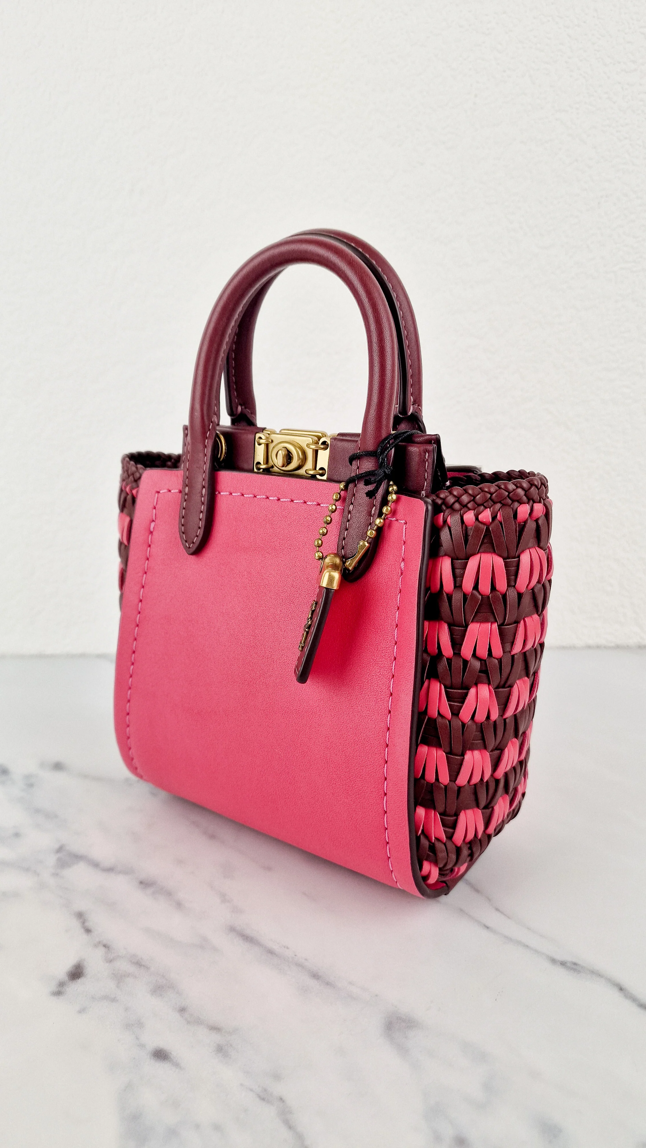Coach 1941 Troupe Tote 16 in Confetti Pink with Weaving Upwoven sides Smooth Leather - Crossbody Mini Bag Handbag - Coach 619 - Image 5