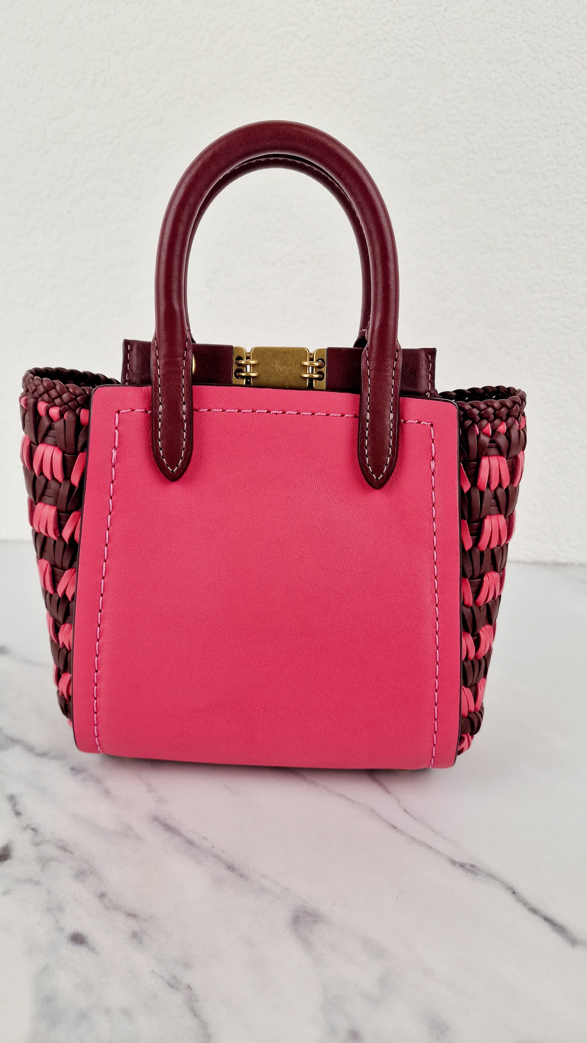 Coach 1941 Troupe Tote 16 in Confetti Pink with Weaving Upwoven sides Smooth Leather - Crossbody Mini Bag Handbag - Coach 619 - Image 7