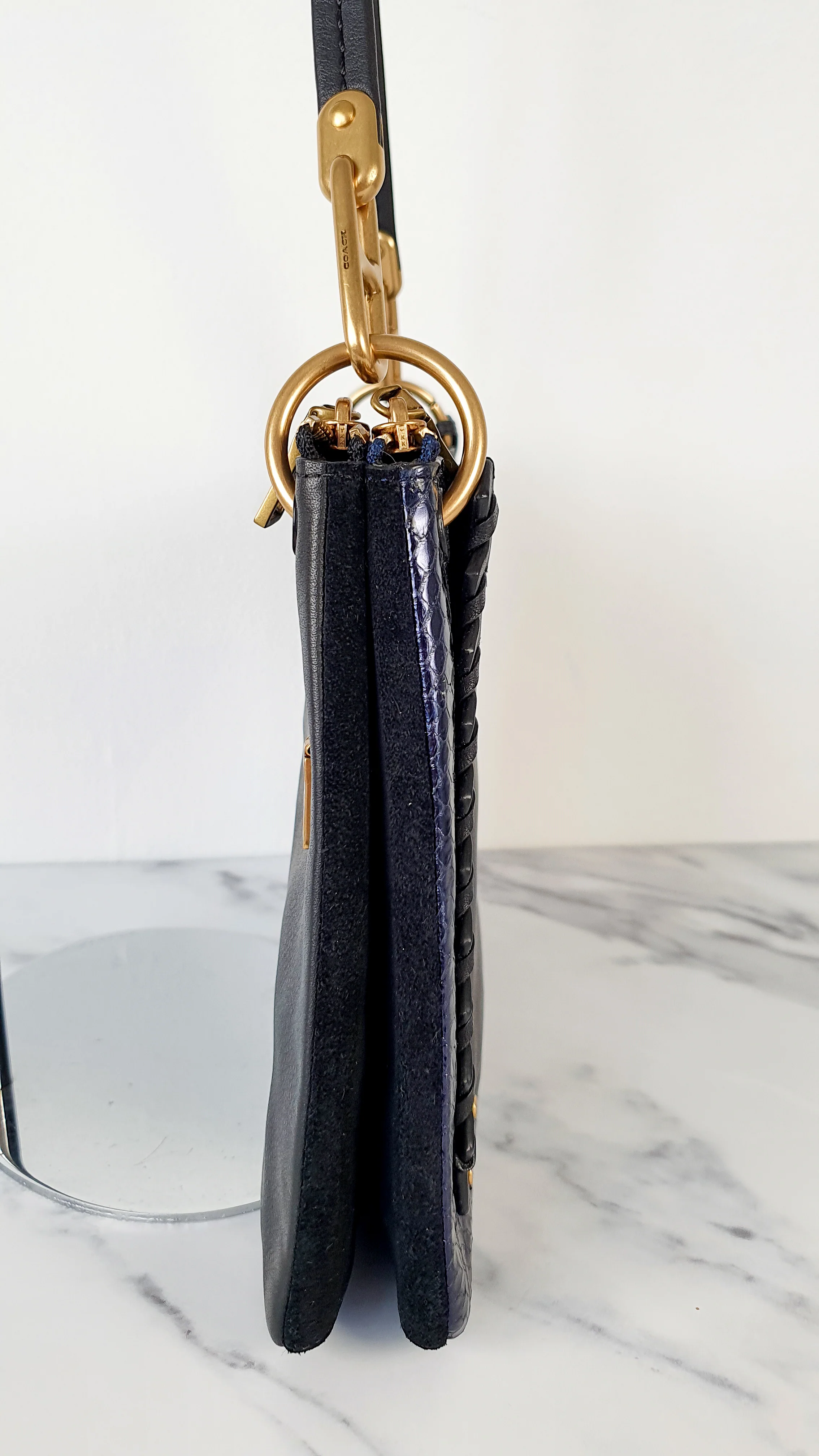 Coach Dreamer Shoulder Bag Crossbody in Black and Blue with Whipstitch and Snakeskin - Mixed Leather & Suede - Sample Bag - Image 5
