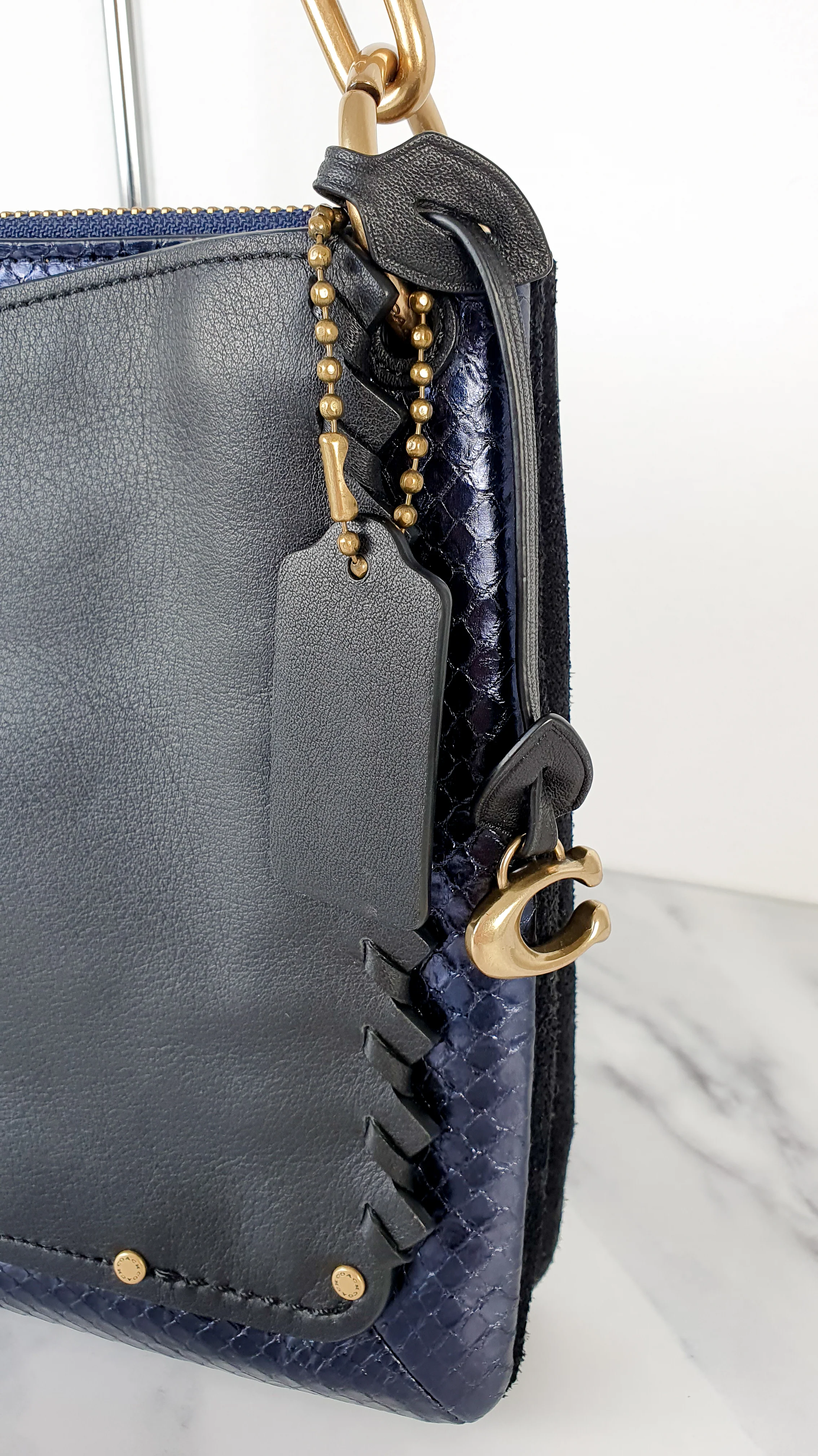 Coach Dreamer Shoulder Bag Crossbody in Black and Blue with Whipstitch and Snakeskin - Mixed Leather & Suede - Sample Bag - Image 7