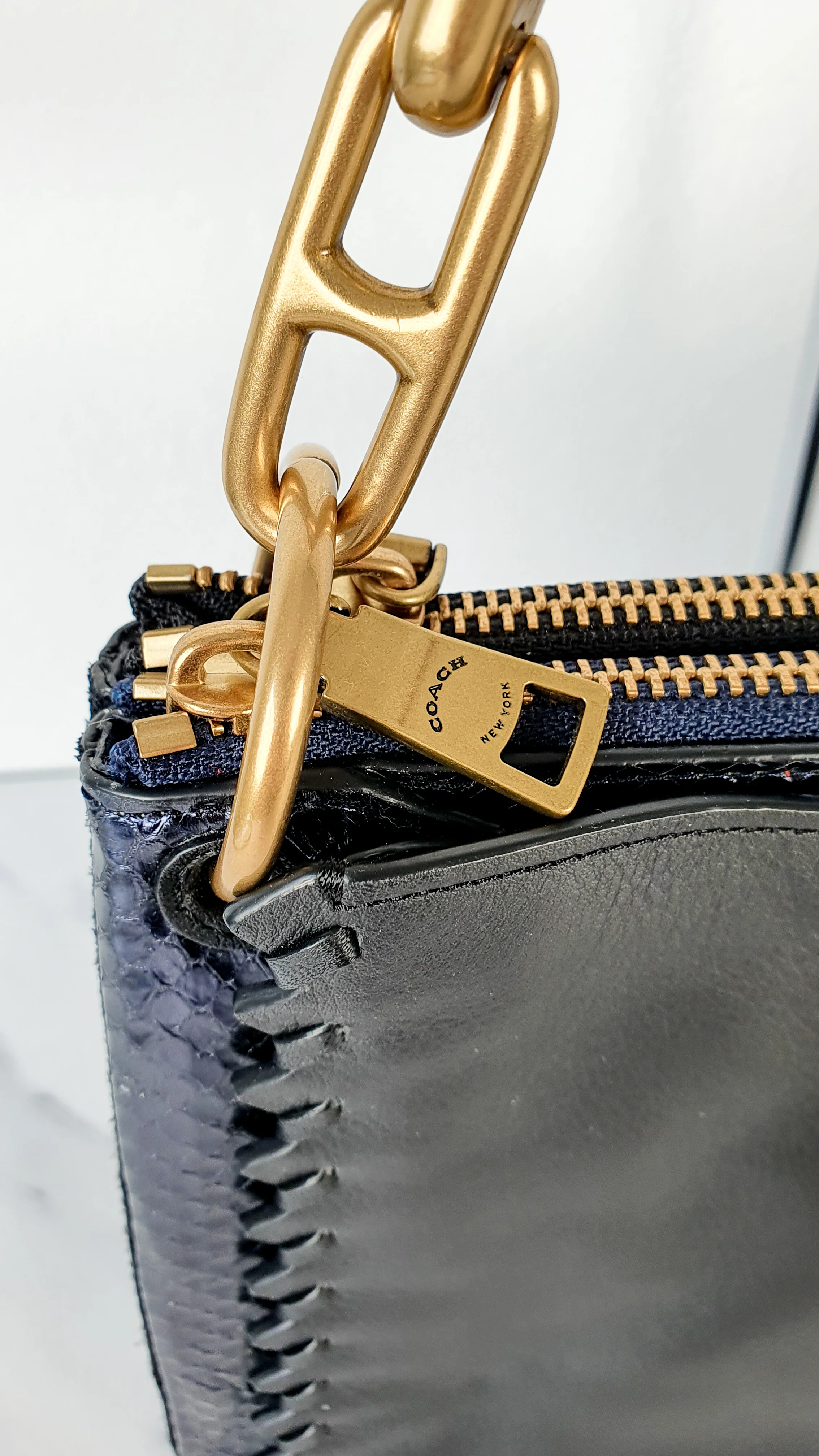 Coach Dreamer Shoulder Bag Crossbody in Black and Blue with Whipstitch and Snakeskin - Mixed Leather & Suede - Sample Bag - Image 8