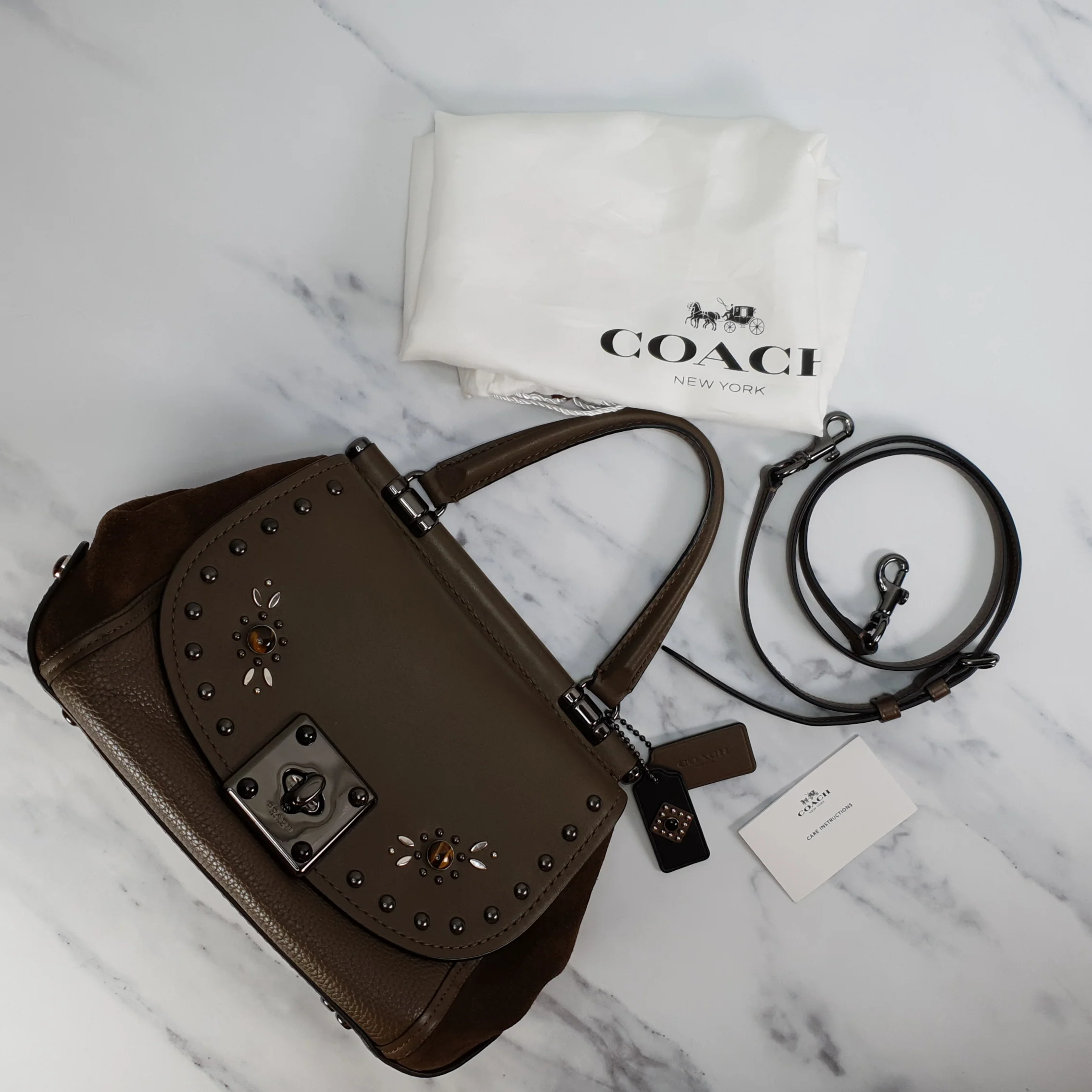 Coach Drifter With Western Rivets & Top Handle in Mixed Leather Fatigue Brown Suede - Image 18