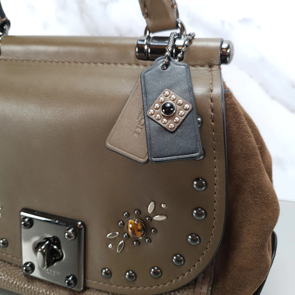 Coach Drifter With Western Rivets & Top Handle in Mixed Leather Fatigue Brown Suede - Image 3