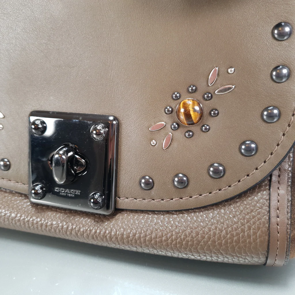 Coach Drifter With Western Rivets & Top Handle in Mixed Leather Fatigue Brown Suede - Image 4