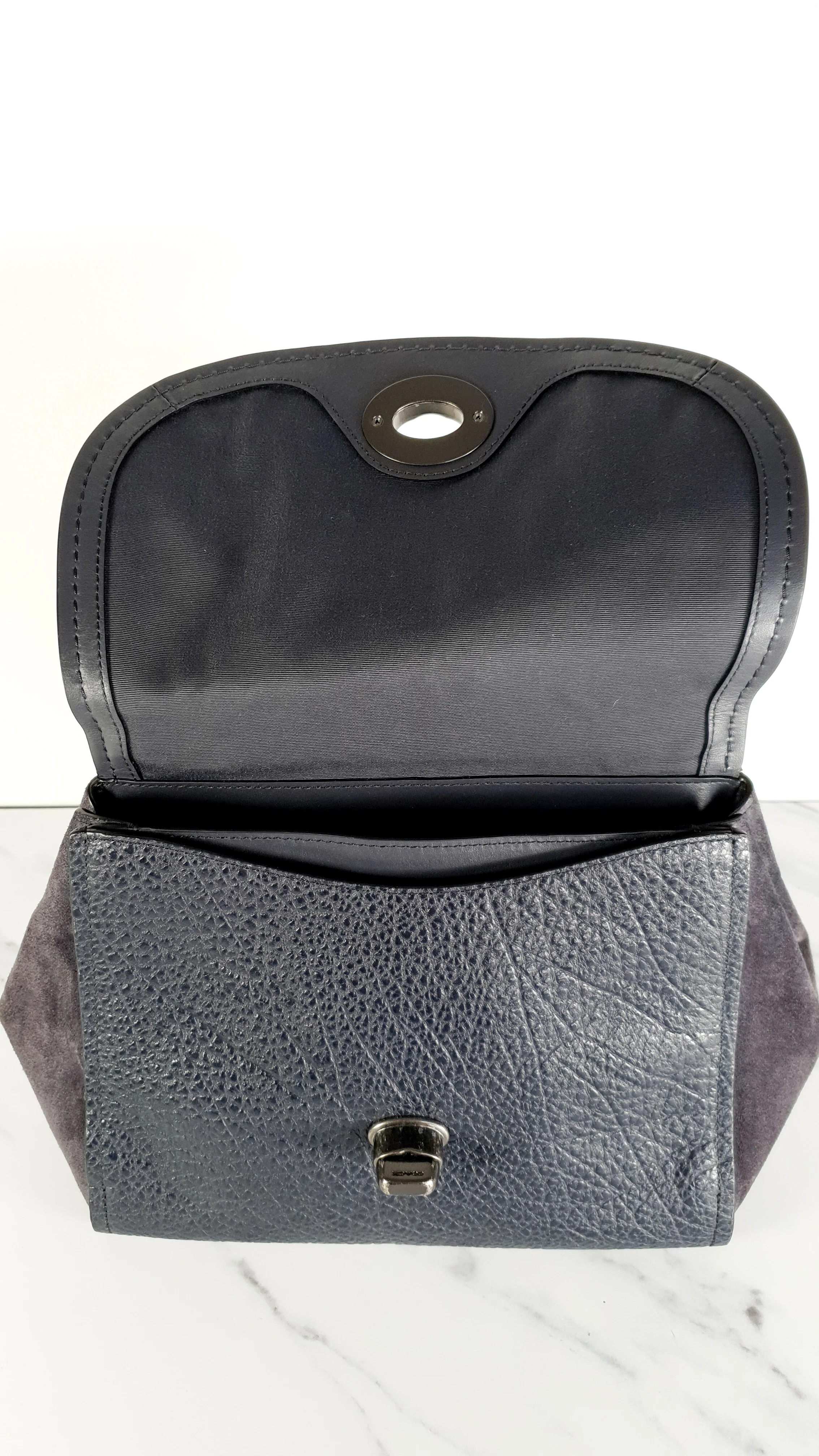 Coach Faye in Dark Blue Navy Mixed Leather & Suede Flap Bag Turnlock Tophandle Crossbody - Coach F22348 - Image 15