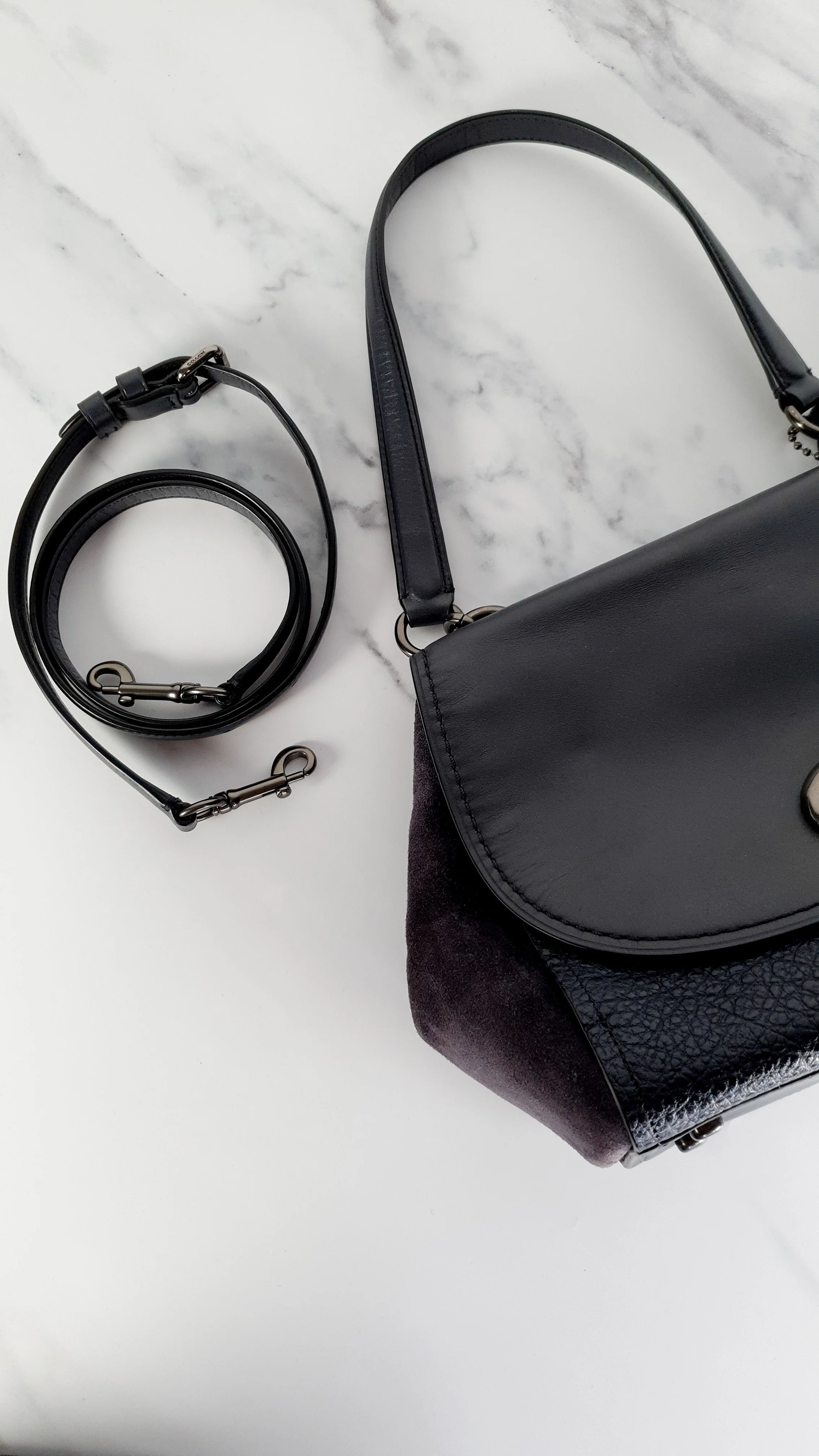 Coach Faye in Dark Blue Navy Mixed Leather & Suede Flap Bag Turnlock Tophandle Crossbody - Coach F22348 - Image 17