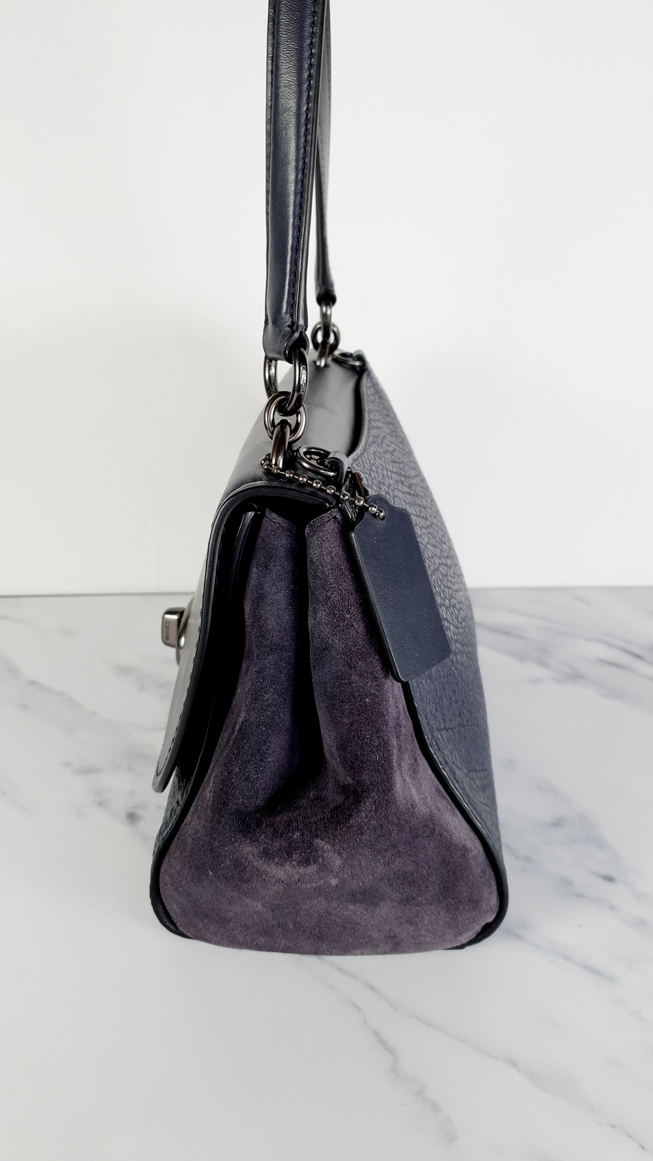 Coach Faye in Dark Blue Navy Mixed Leather & Suede Flap Bag Turnlock Tophandle Crossbody - Coach F22348 - Image 4