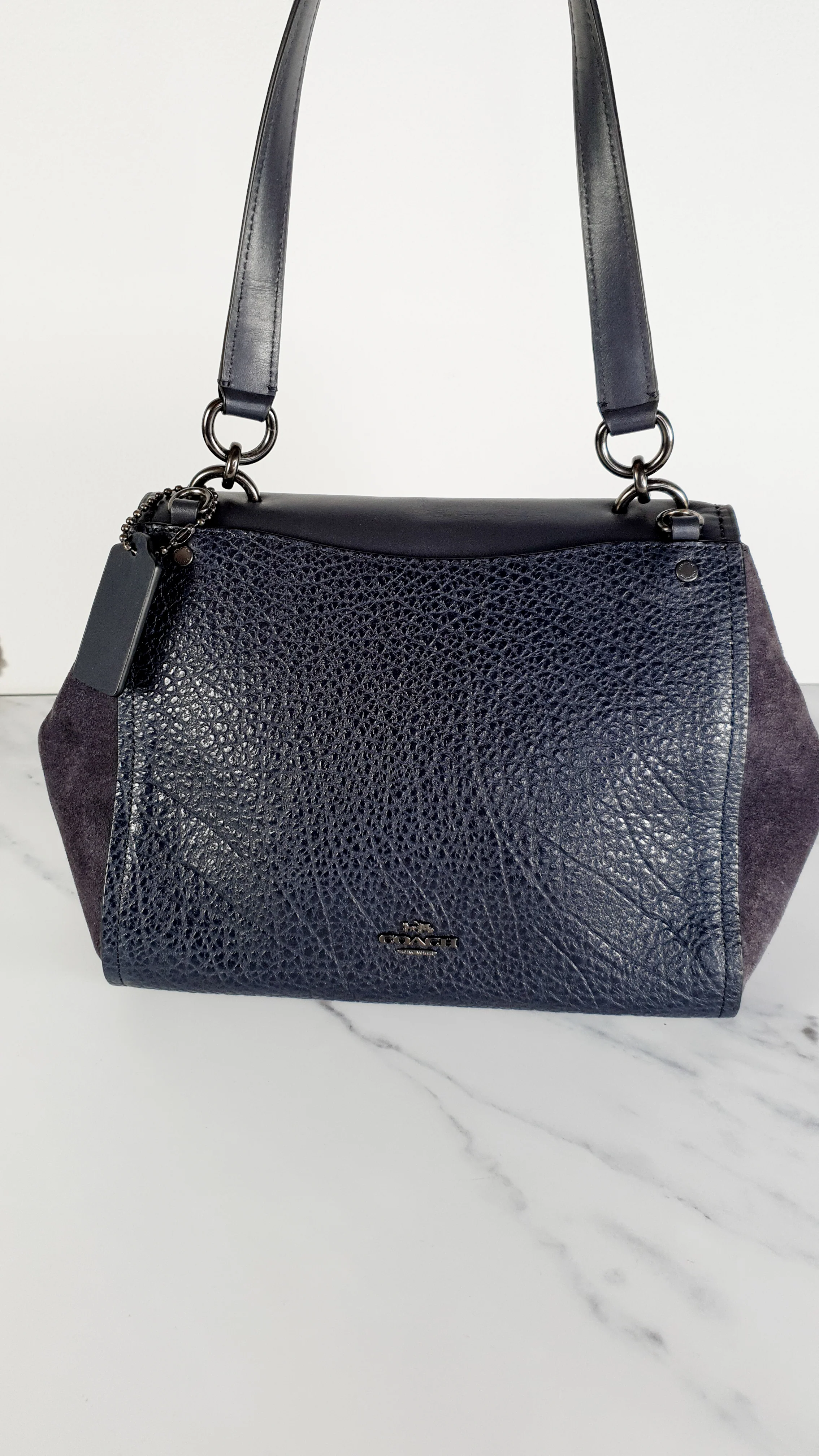 Coach Faye in Dark Blue Navy Mixed Leather & Suede Flap Bag Turnlock Tophandle Crossbody - Coach F22348 - Image 5