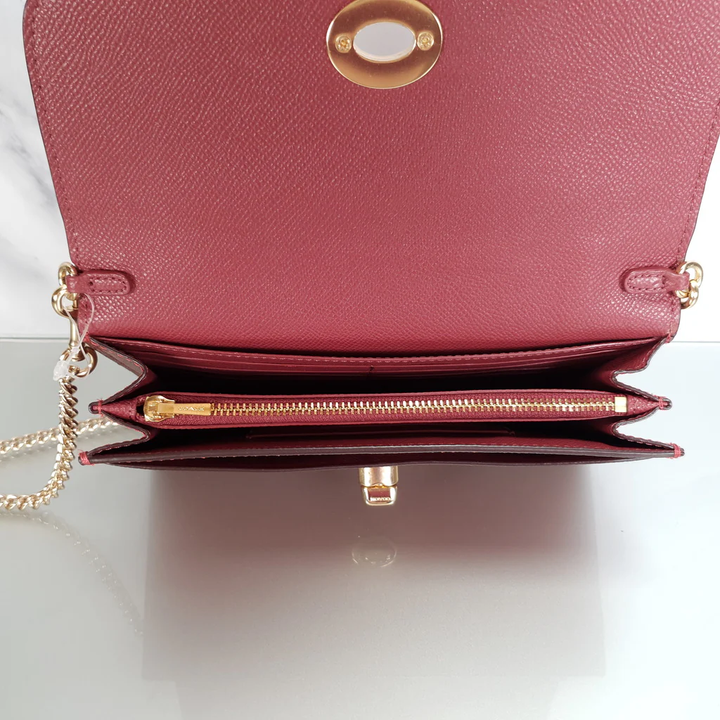 Coach Chain Crossbody in Metallic Red Burgundy Crossgrain Leather with Turnlock - Clutch Wristlet Bag - Coach F22828 - Image 10