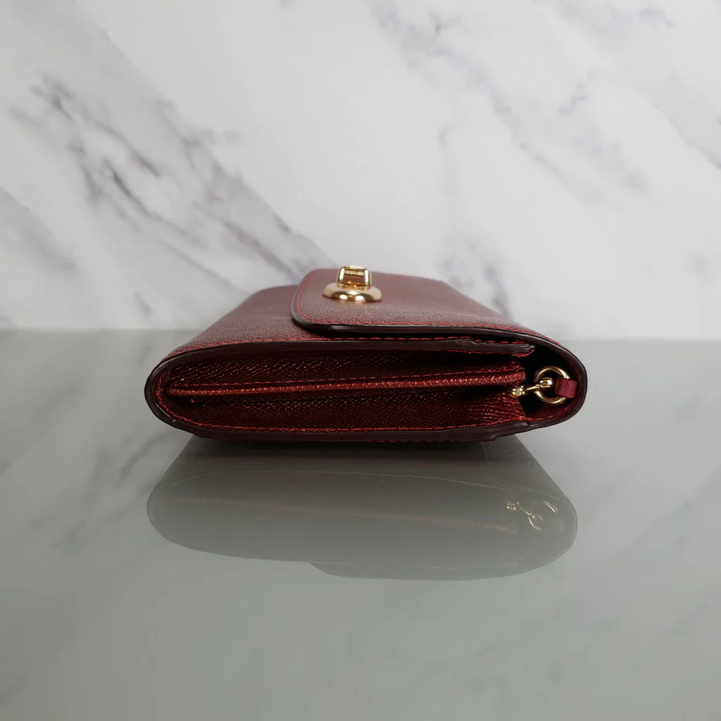 Coach Chain Crossbody in Metallic Red Burgundy Crossgrain Leather with Turnlock - Clutch Wristlet Bag - Coach F22828 - Image 3