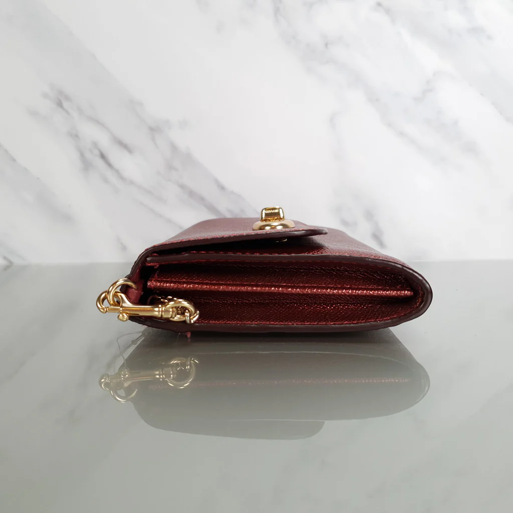 Coach Chain Crossbody in Metallic Red Burgundy Crossgrain Leather with Turnlock - Clutch Wristlet Bag - Coach F22828 - Image 4