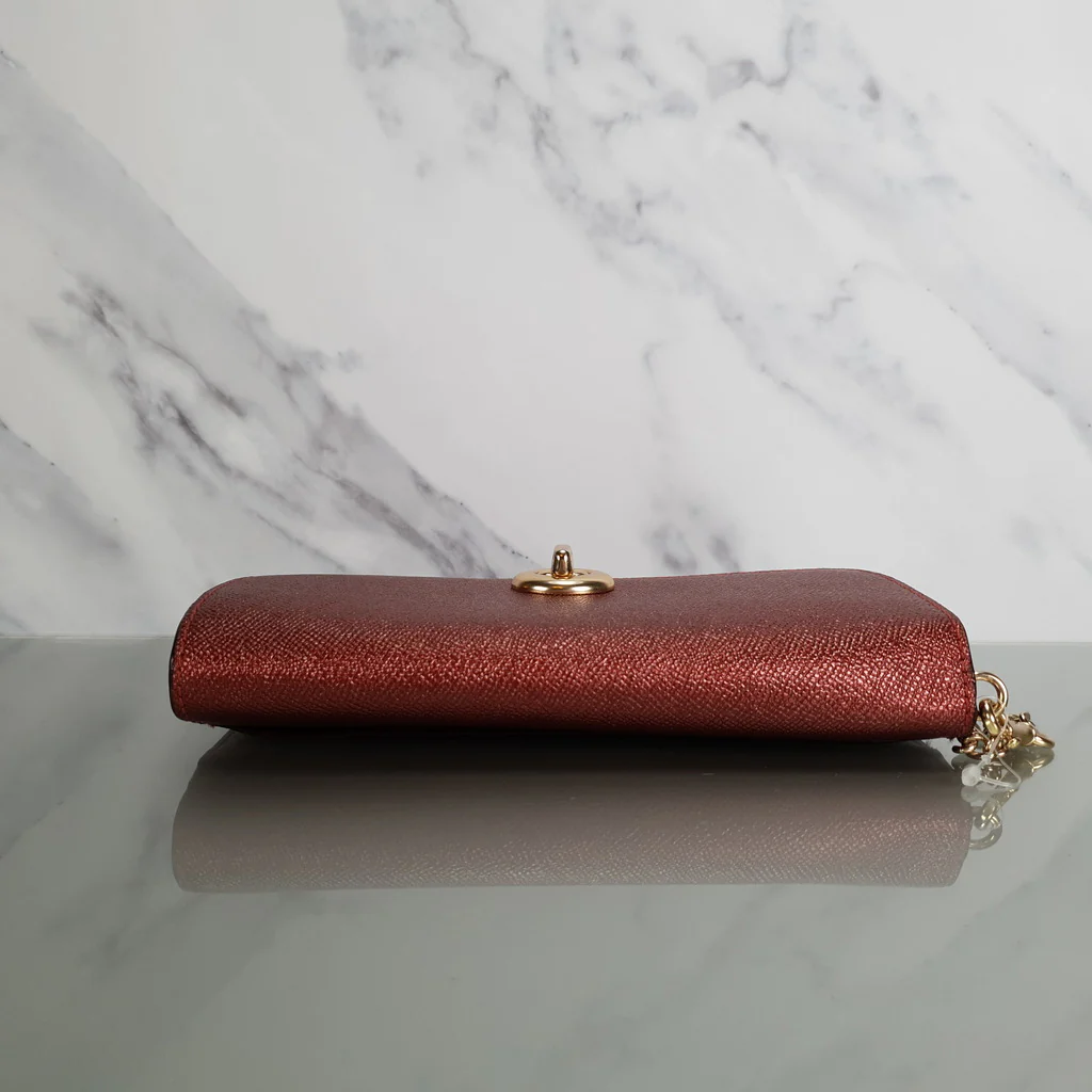 Coach Chain Crossbody in Metallic Red Burgundy Crossgrain Leather with Turnlock - Clutch Wristlet Bag - Coach F22828 - Image 6