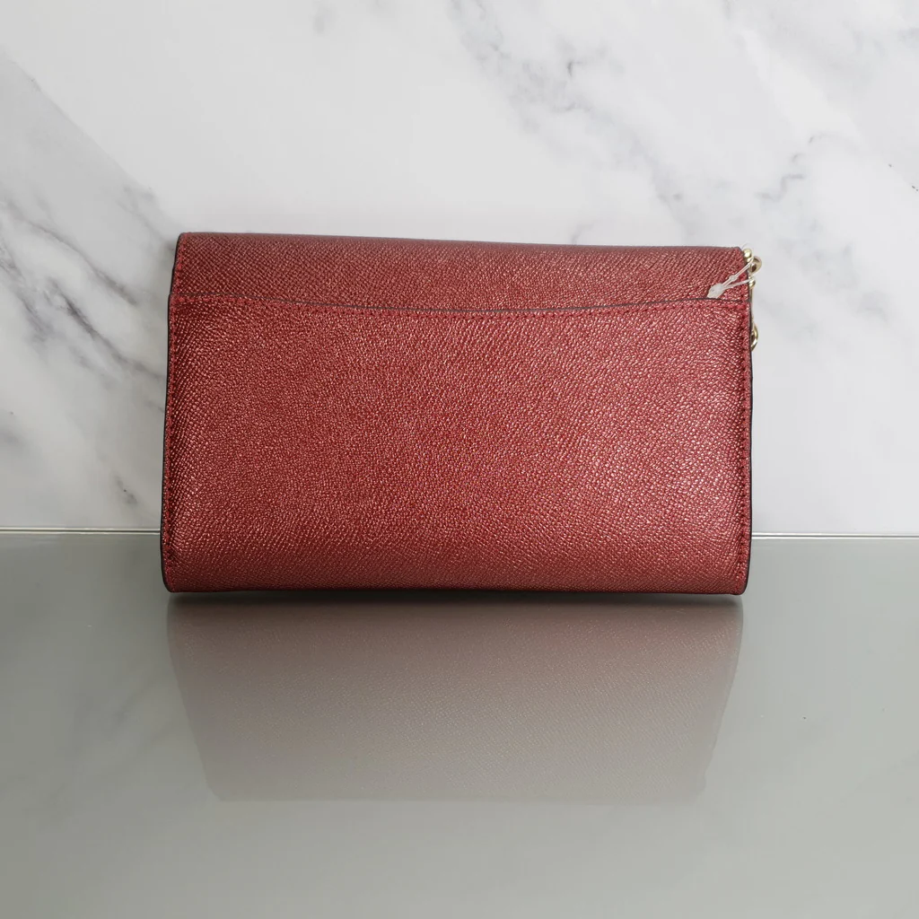 Coach Chain Crossbody in Metallic Red Burgundy Crossgrain Leather with Turnlock - Clutch Wristlet Bag - Coach F22828 - Image 7