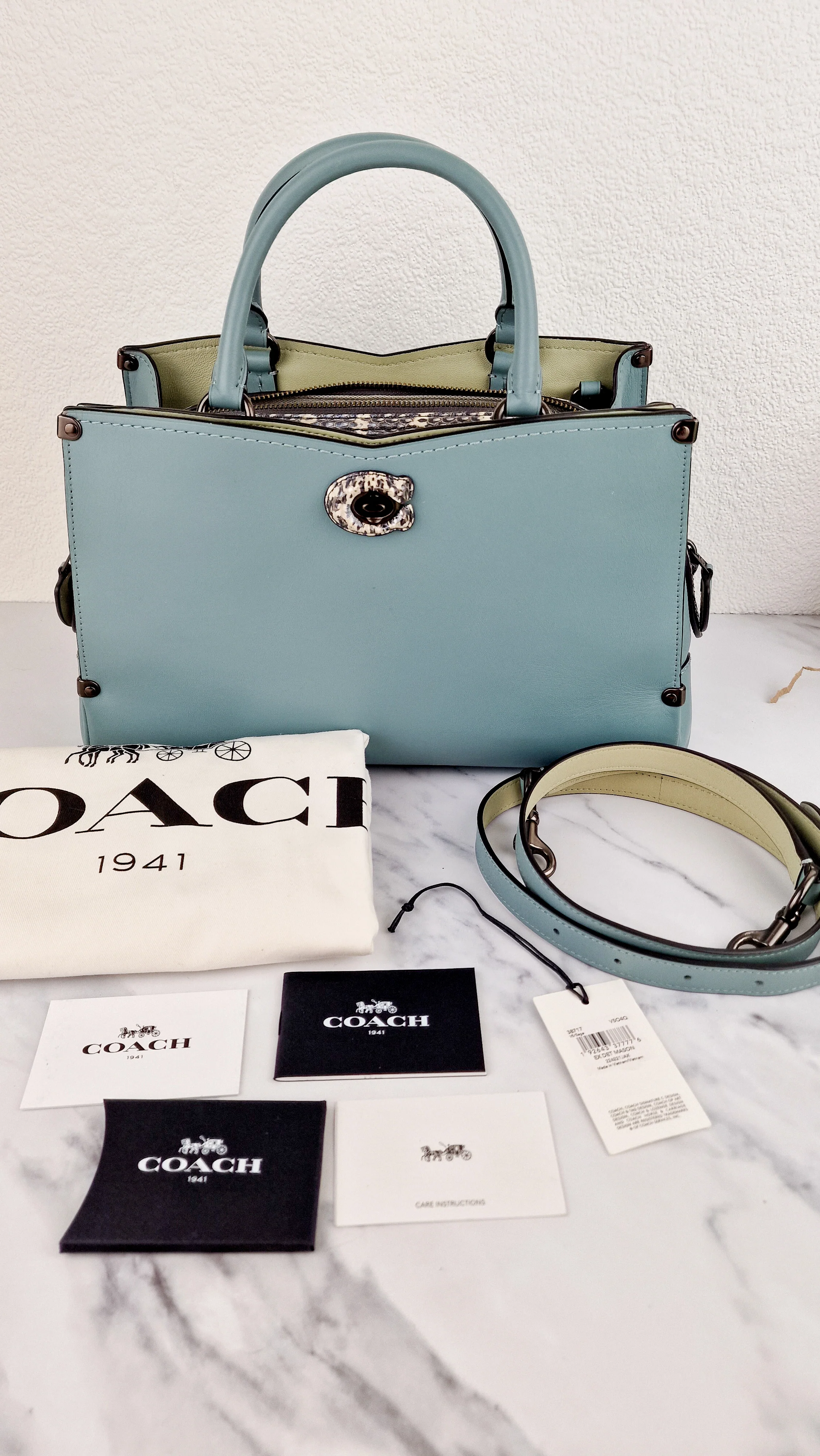 Coach Mason Carryall in Sage Pale Blue Green Smooth Leather Snakeskin Handbag - Coach 38717 - Image 21