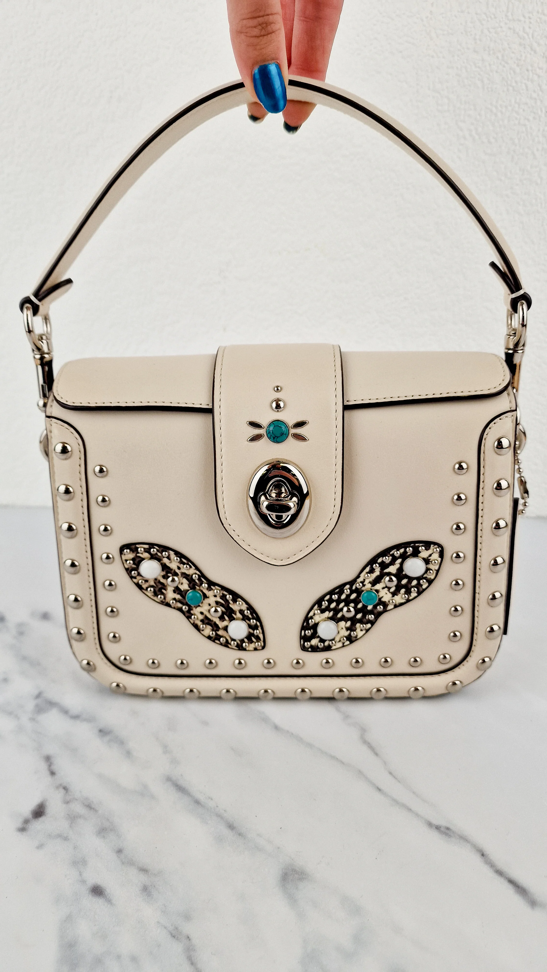 Coach Page Crossbody Bag Chalk Smooth Leather With Western Rivets and Snakeskin - Handbag - Coach 86731
