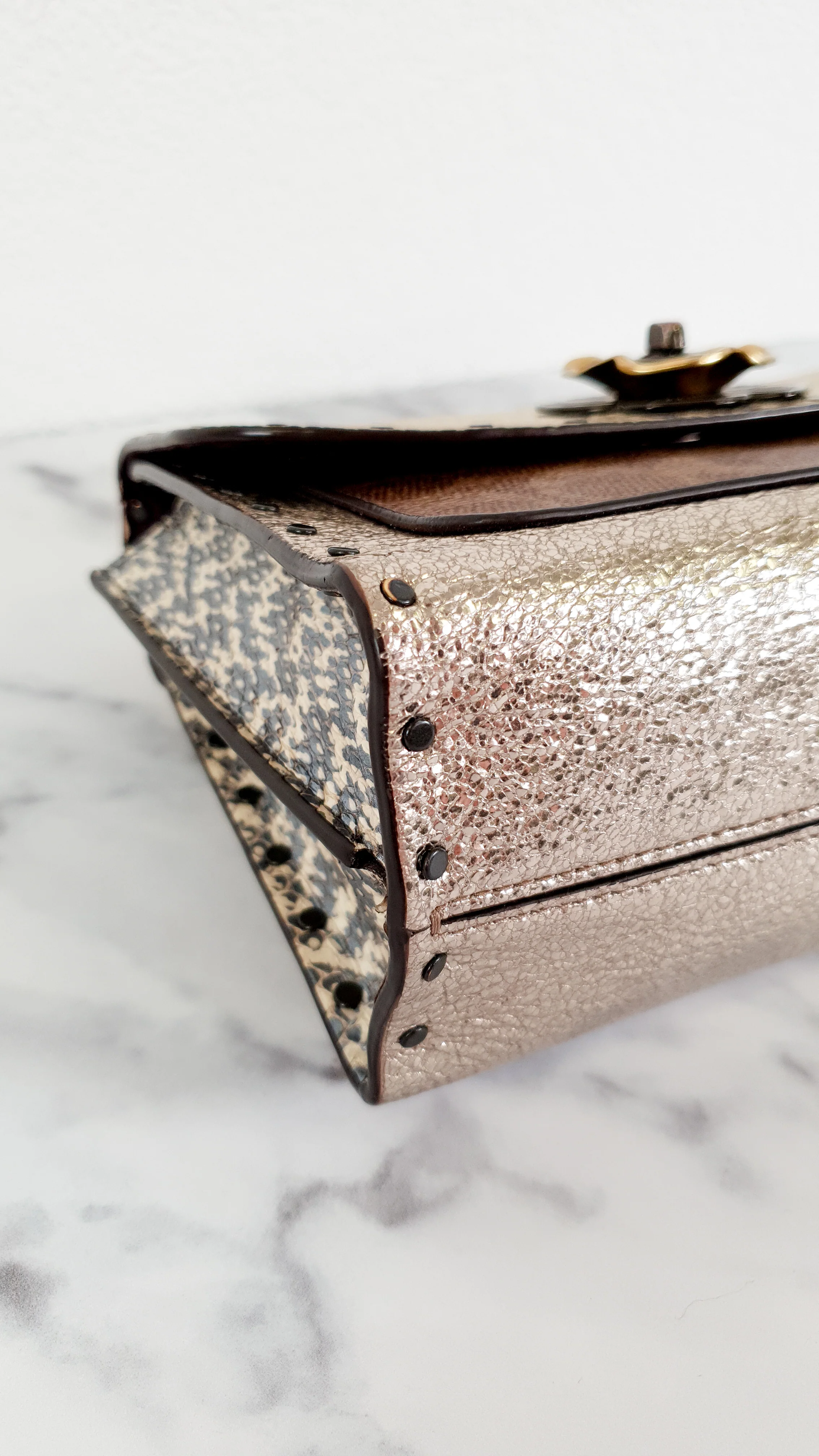 Coach Parker 18 in Signature Canvas With Tea Rose Turnlock, Border Rivets, Snakeskin Detail & Metallic Leather - Shoulder Bag Crossbody Bag Champagne Platinum Beige - Coach 39680 - Image 10