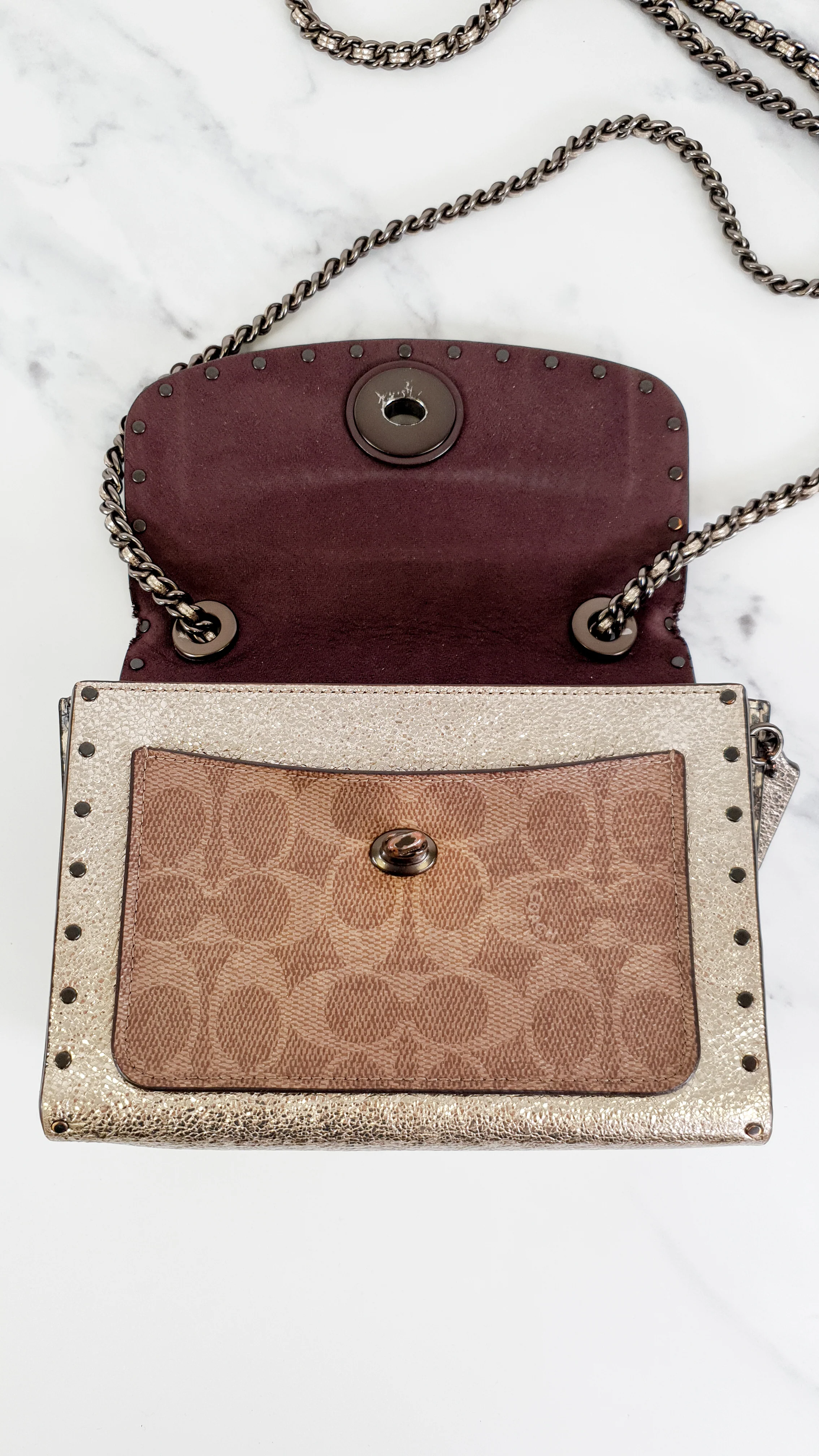 Coach Parker 18 in Signature Canvas With Tea Rose Turnlock, Border Rivets, Snakeskin Detail & Metallic Leather - Shoulder Bag Crossbody Bag Champagne Platinum Beige - Coach 39680 - Image 13