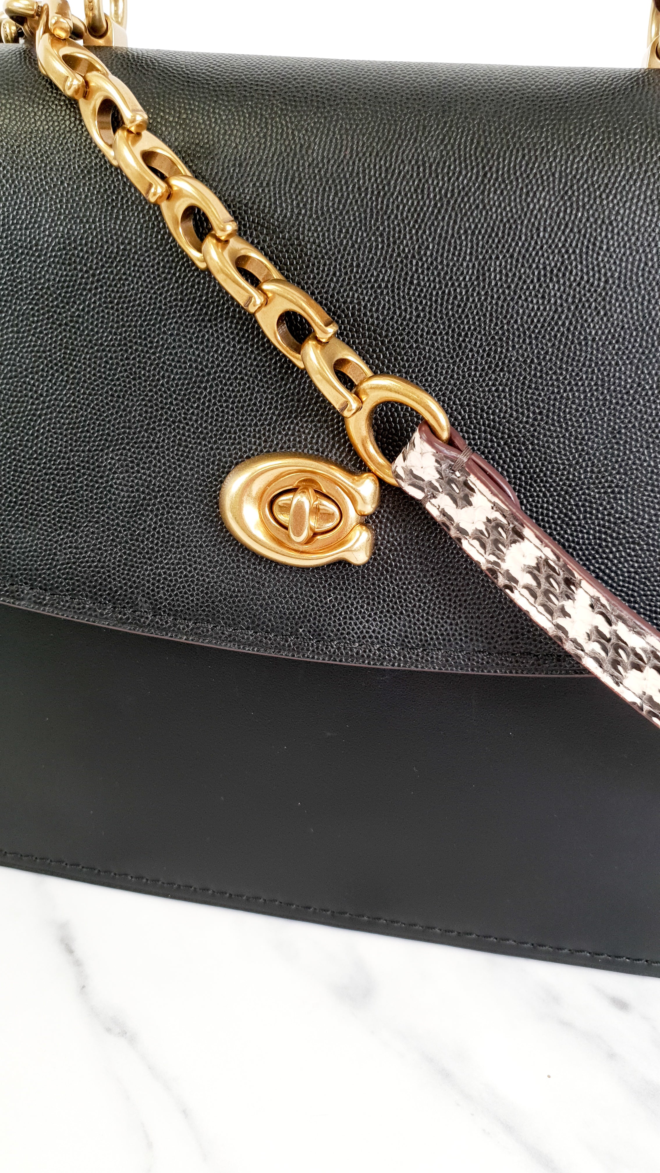 Coach Parker 32 Tophandle Carryall in Black Crossgrain & Smooth Leather with Snakeskin Details - Handbag Exotic Crossbody Bag - Coach 73969 - Image 5