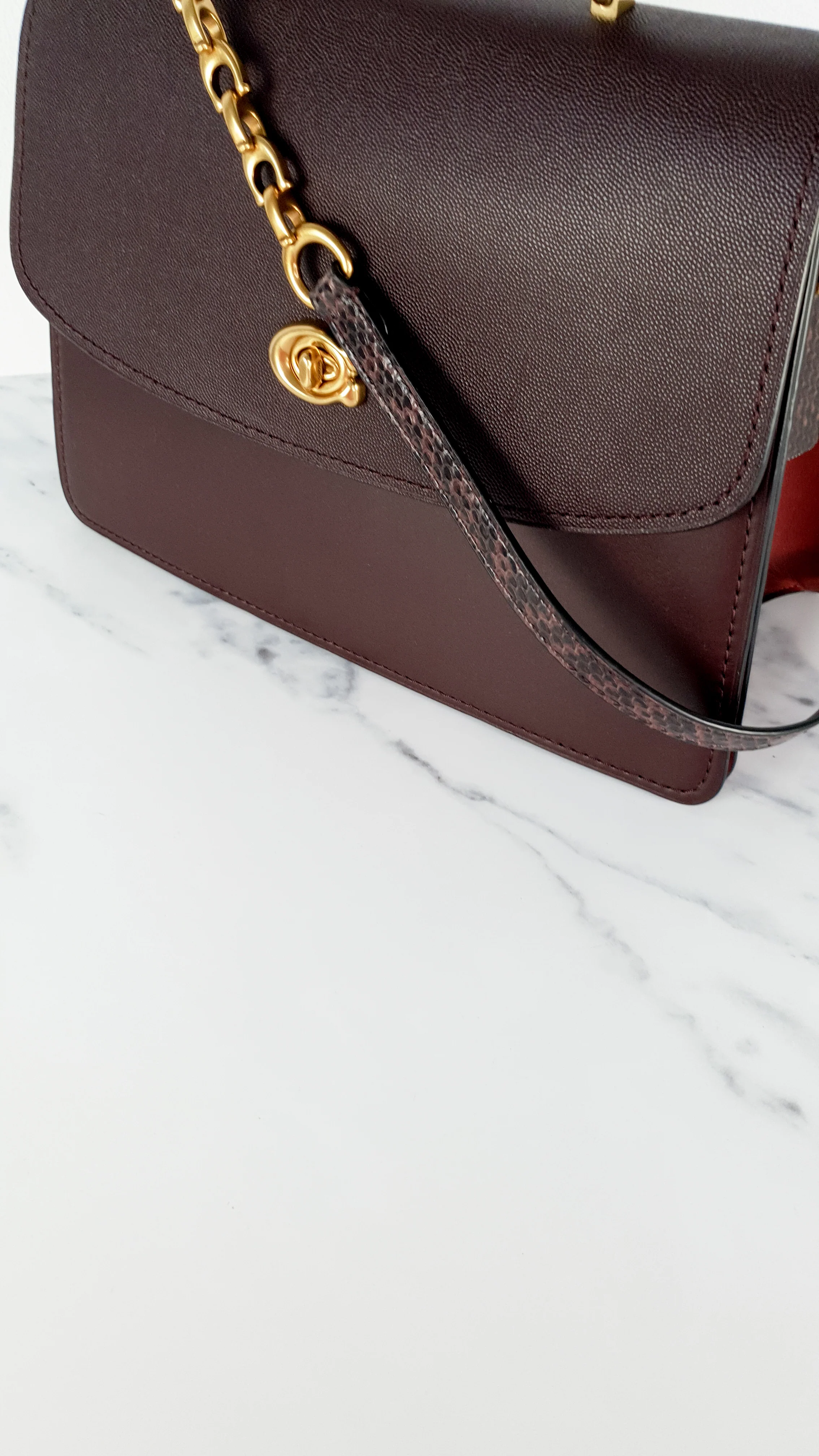 Coach Parker 32 Tophandle Carryall in Oxblood Burgundy Colorblock with Snakeskin Details - Handbag Exotic Crossbody Bag Coach 73969 - Image 3