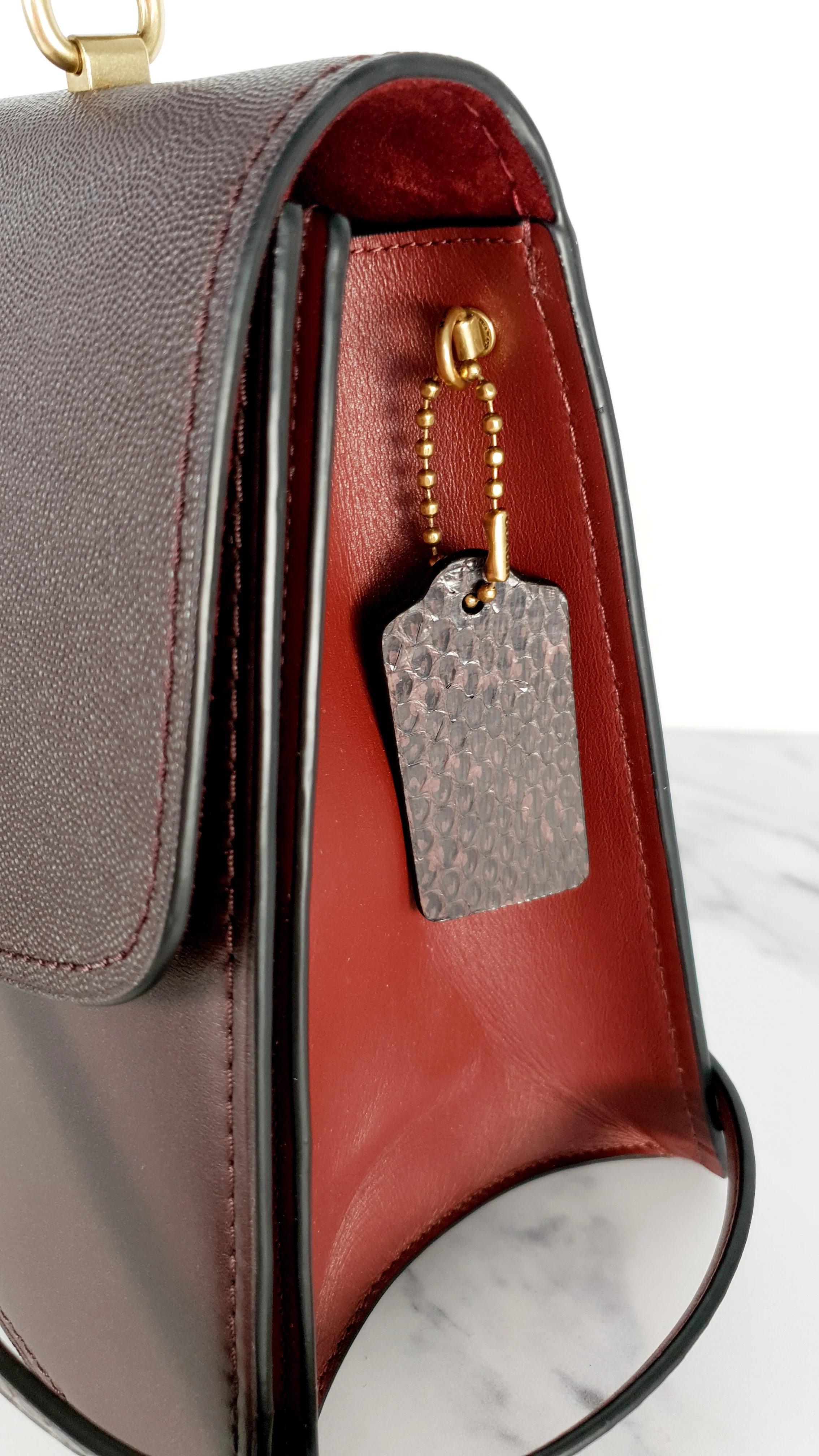 Coach Parker 32 Tophandle Carryall in Oxblood Burgundy Colorblock with Snakeskin Details - Handbag Exotic Crossbody Bag Coach 73969 - Image 4