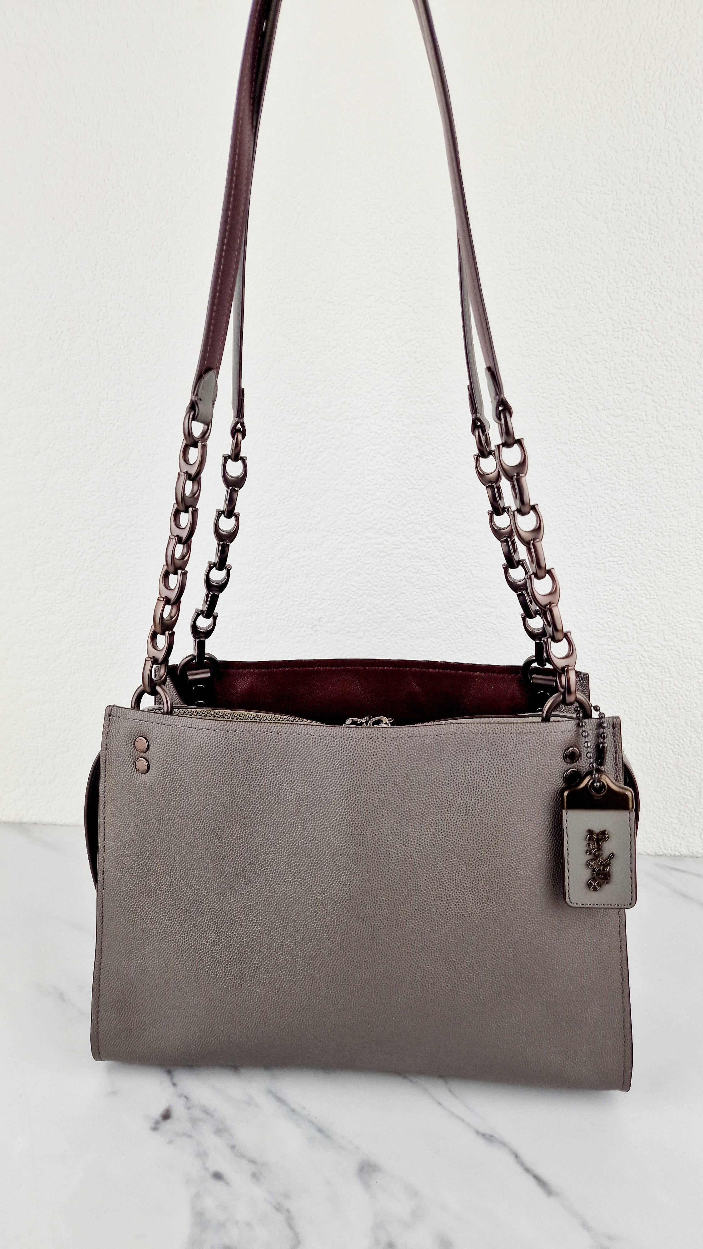 Coach Rogue Shoulder Bag in Grey Grain Leather with Oxblood Lining & C Chain - Coach 26829