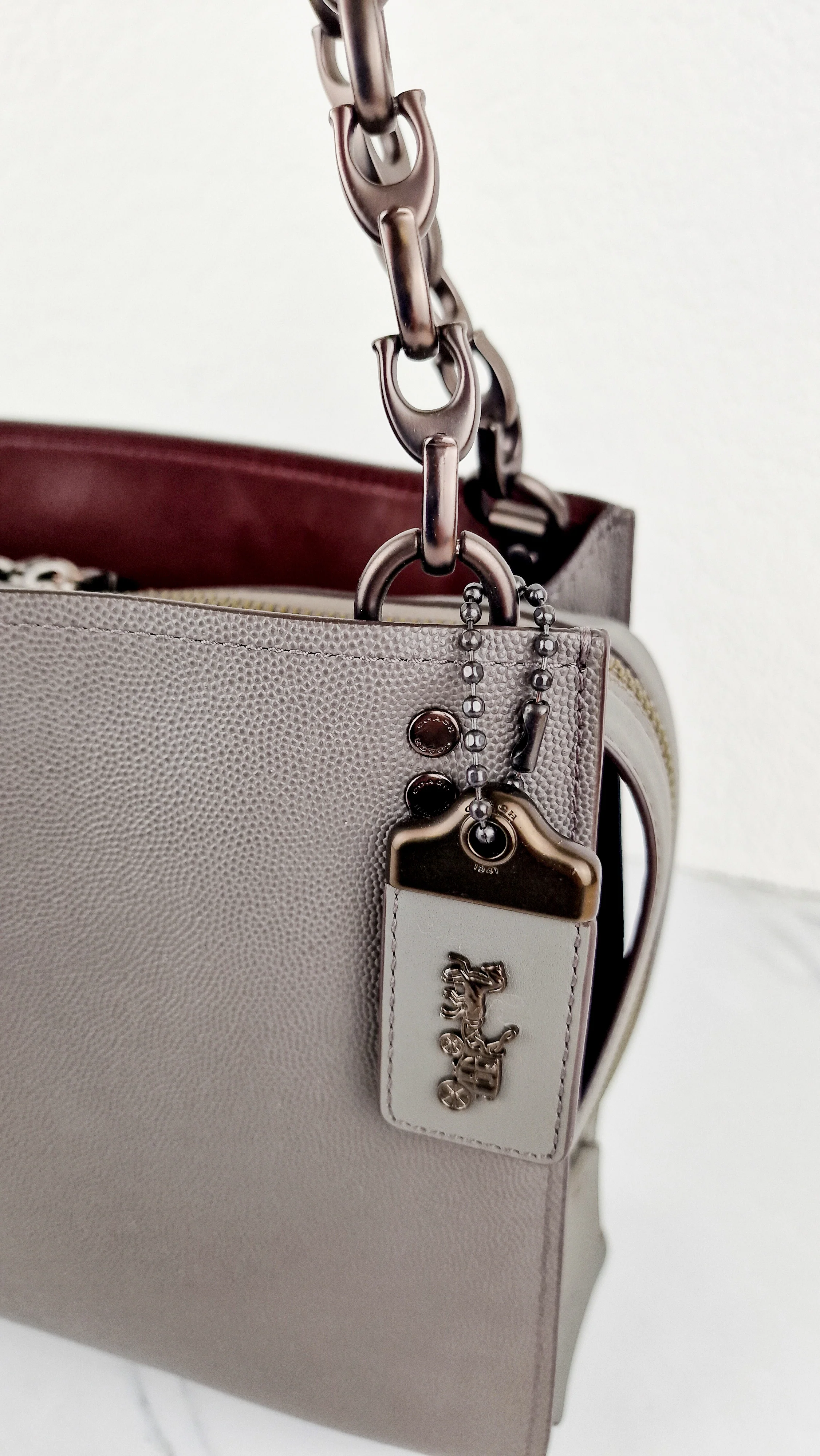 Coach Rogue Shoulder Bag in Grey Grain Leather with Oxblood Lining & C Chain - Coach 26829 - Image 4