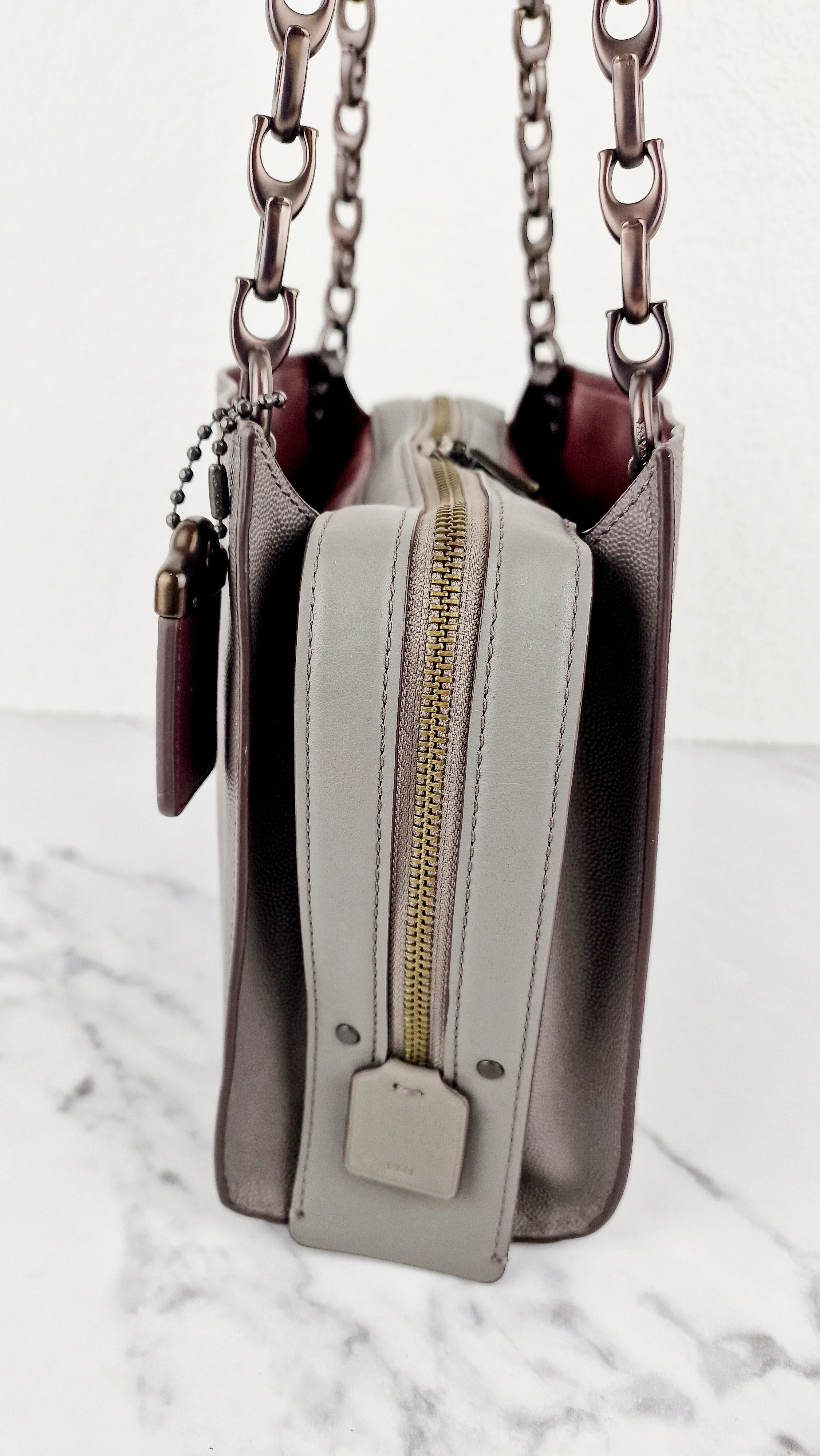 Coach Rogue Shoulder Bag in Grey Grain Leather with Oxblood Lining & C Chain - Coach 26829 - Image 6