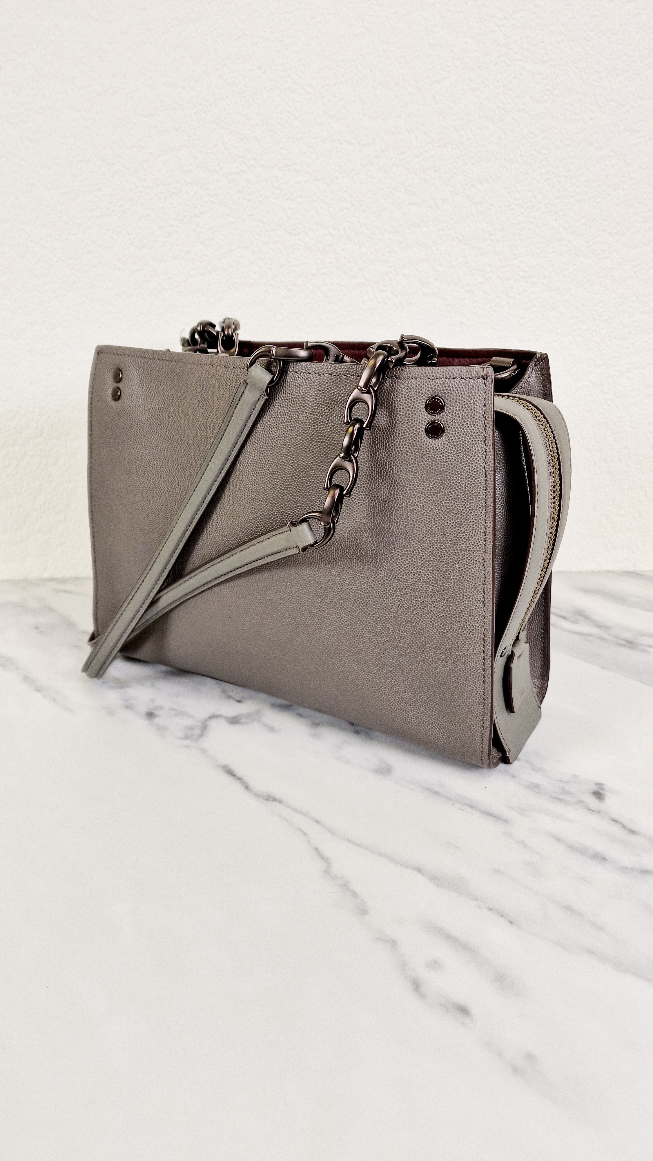 Coach Rogue Shoulder Bag in Grey Grain Leather with Oxblood Lining & C Chain Detail - Coach 26829 - Image 3