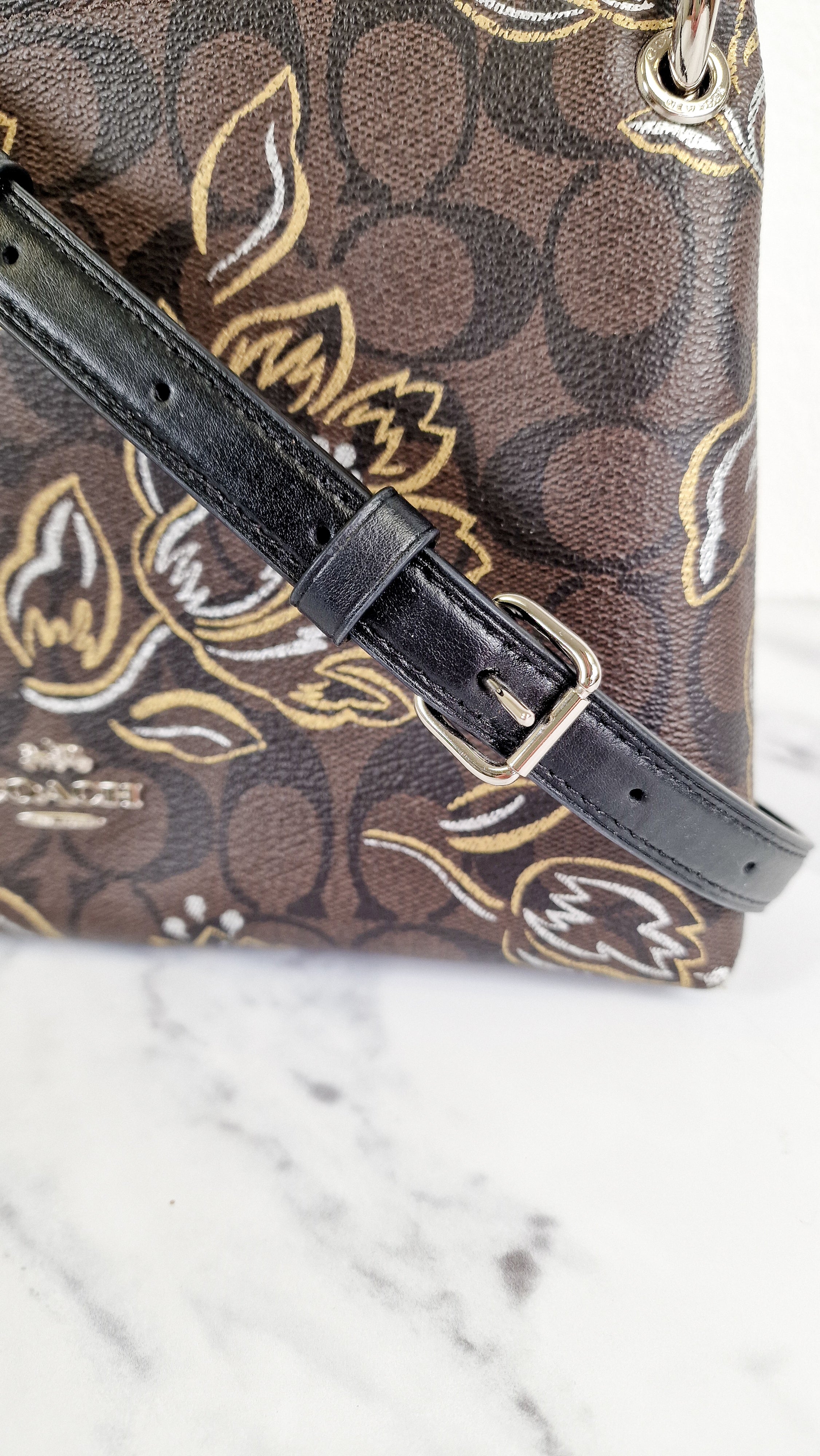 Coach Mia Crossbody Bag in Chestnut Brown Signature Coated Canvas with Metallic Gold and Silver Tulips Flowers - Coach F77982 - Image 12
