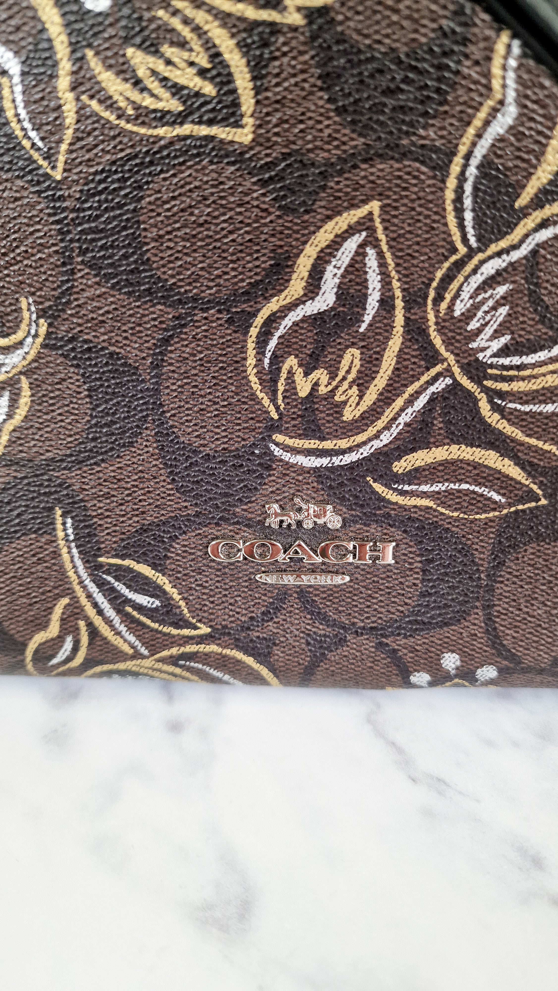 Coach Mia Crossbody Bag in Chestnut Brown Signature Coated Canvas with Metallic Gold and Silver Tulips Flowers - Coach F77982 - Image 2