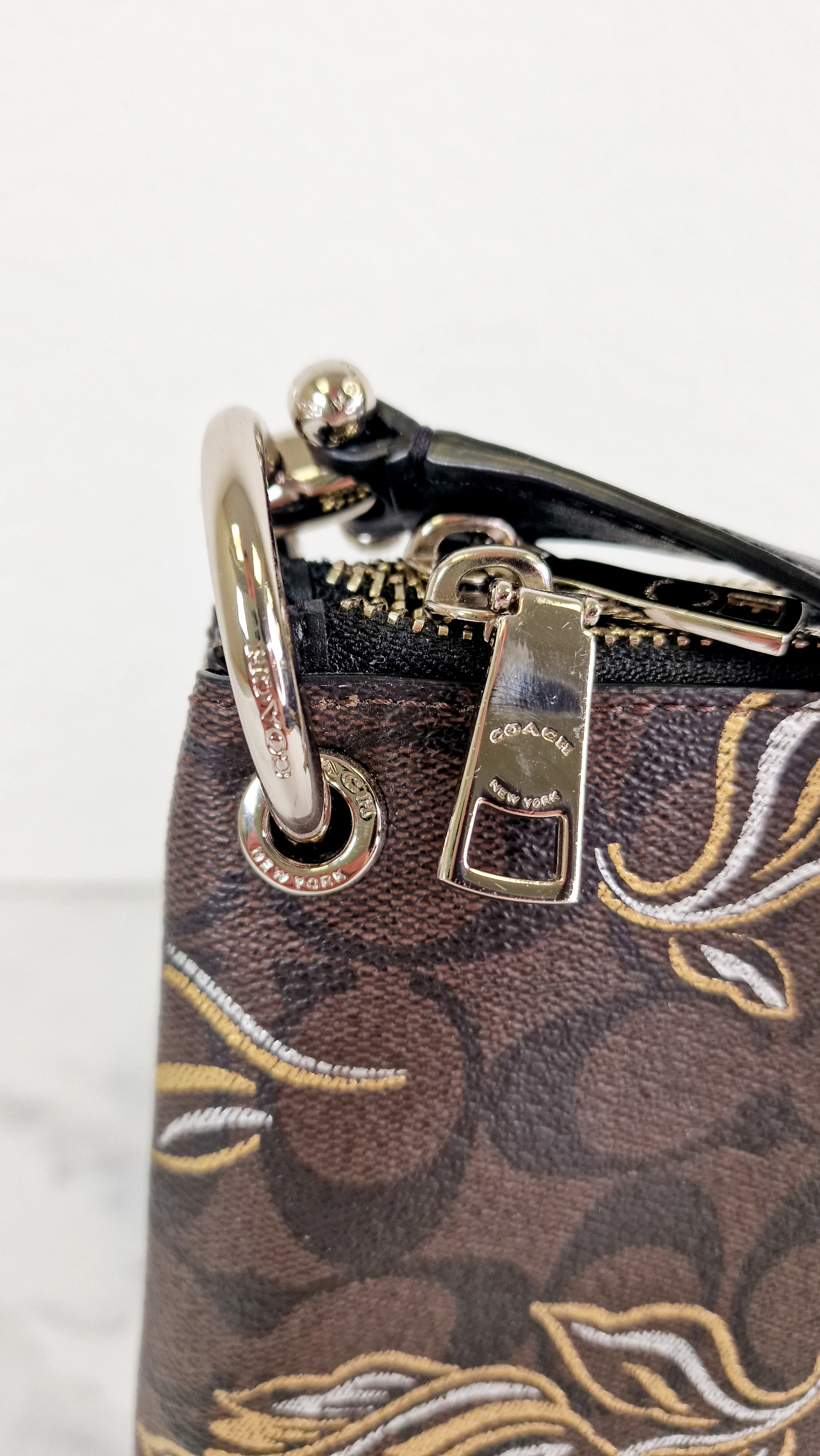 Coach Mia Crossbody Bag in Chestnut Brown Signature Coated Canvas with Metallic Gold and Silver Tulips Flowers - Coach F77982 - Image 3
