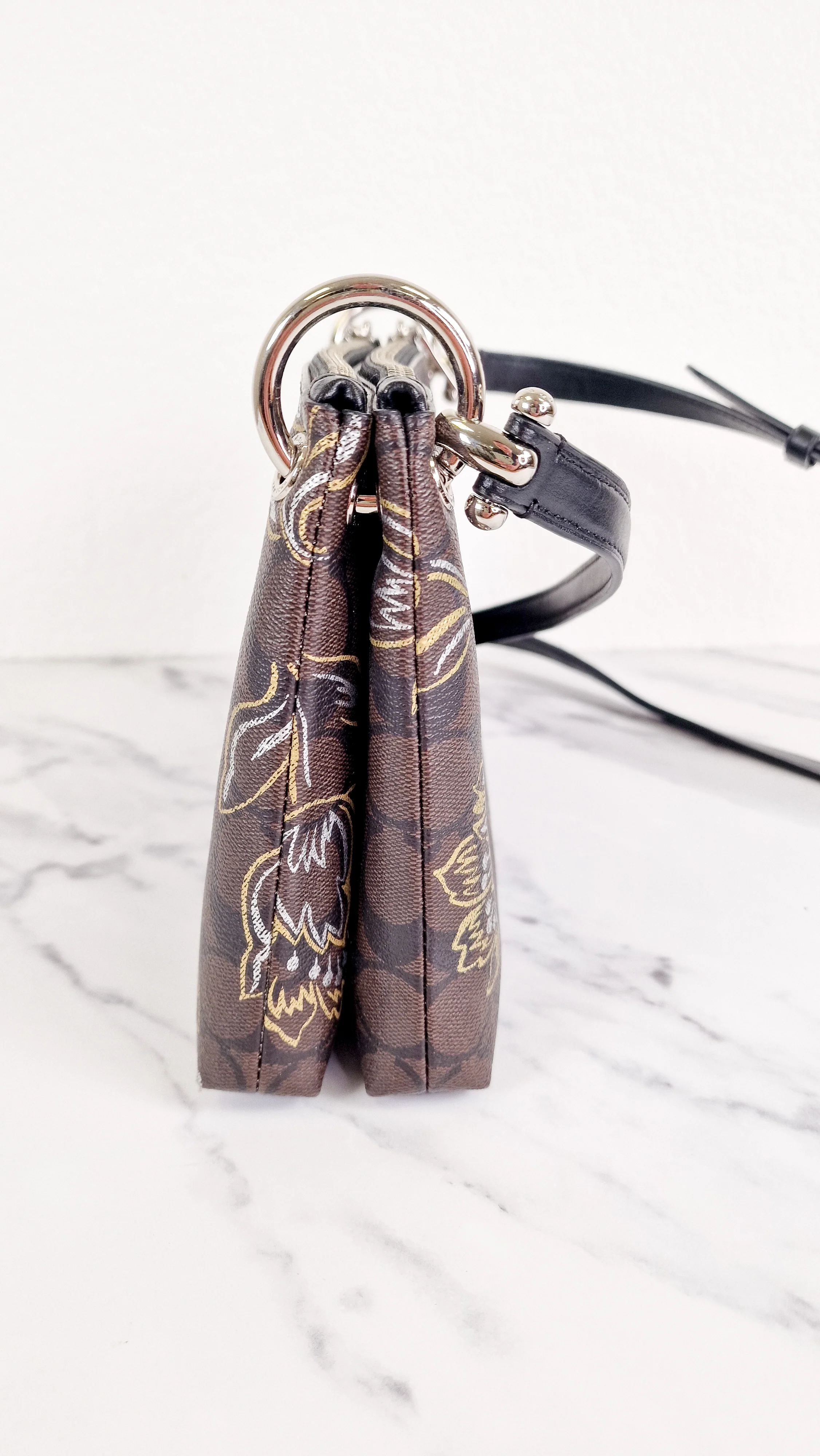 Coach Mia Crossbody Bag in Chestnut Brown Signature Coated Canvas with Metallic Gold and Silver Tulips Flowers - Coach F77982 - Image 4