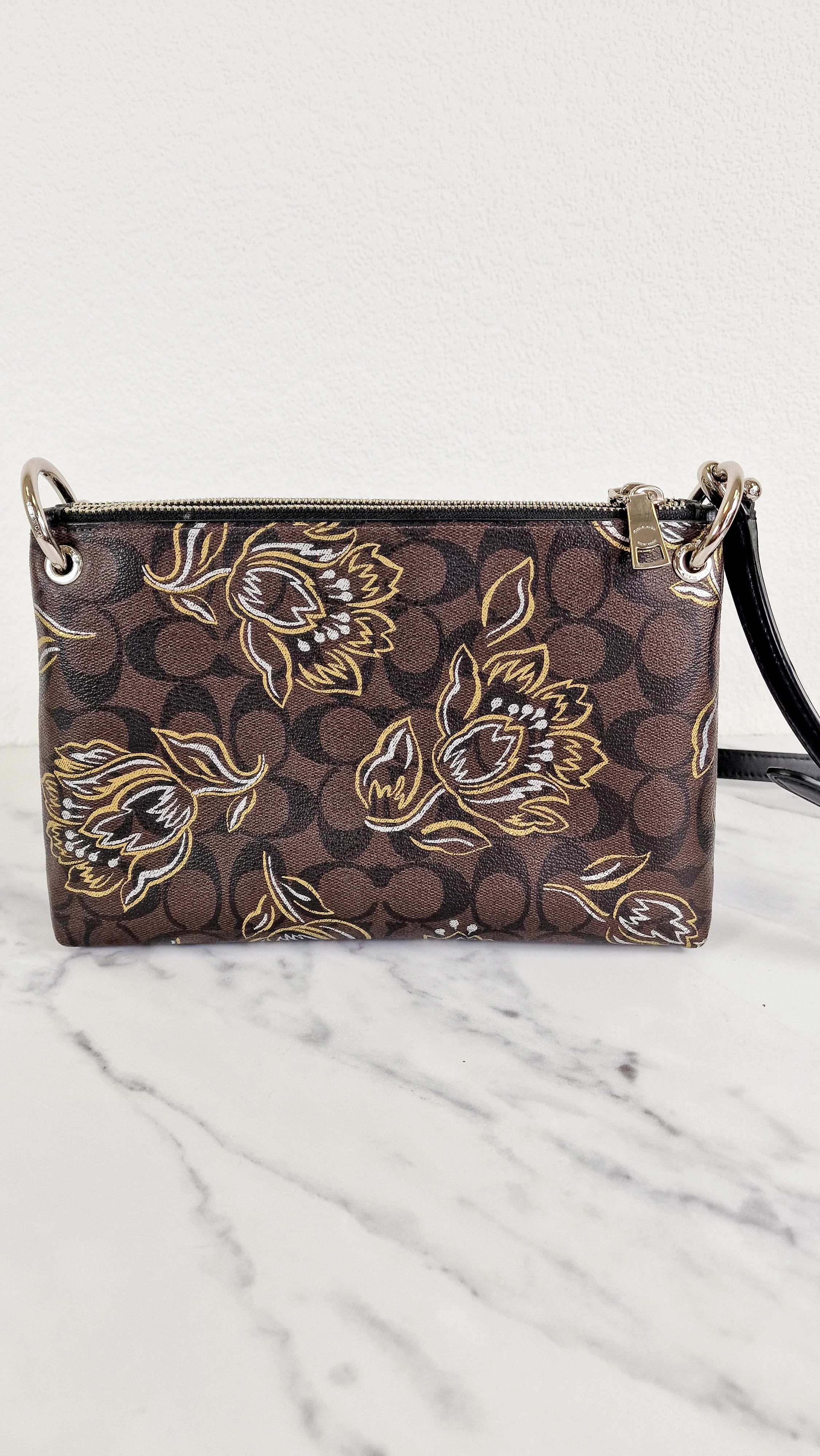 Coach Mia Crossbody Bag in Chestnut Brown Signature Coated Canvas with Metallic Gold and Silver Tulips Flowers - Coach F77982 - Image 5