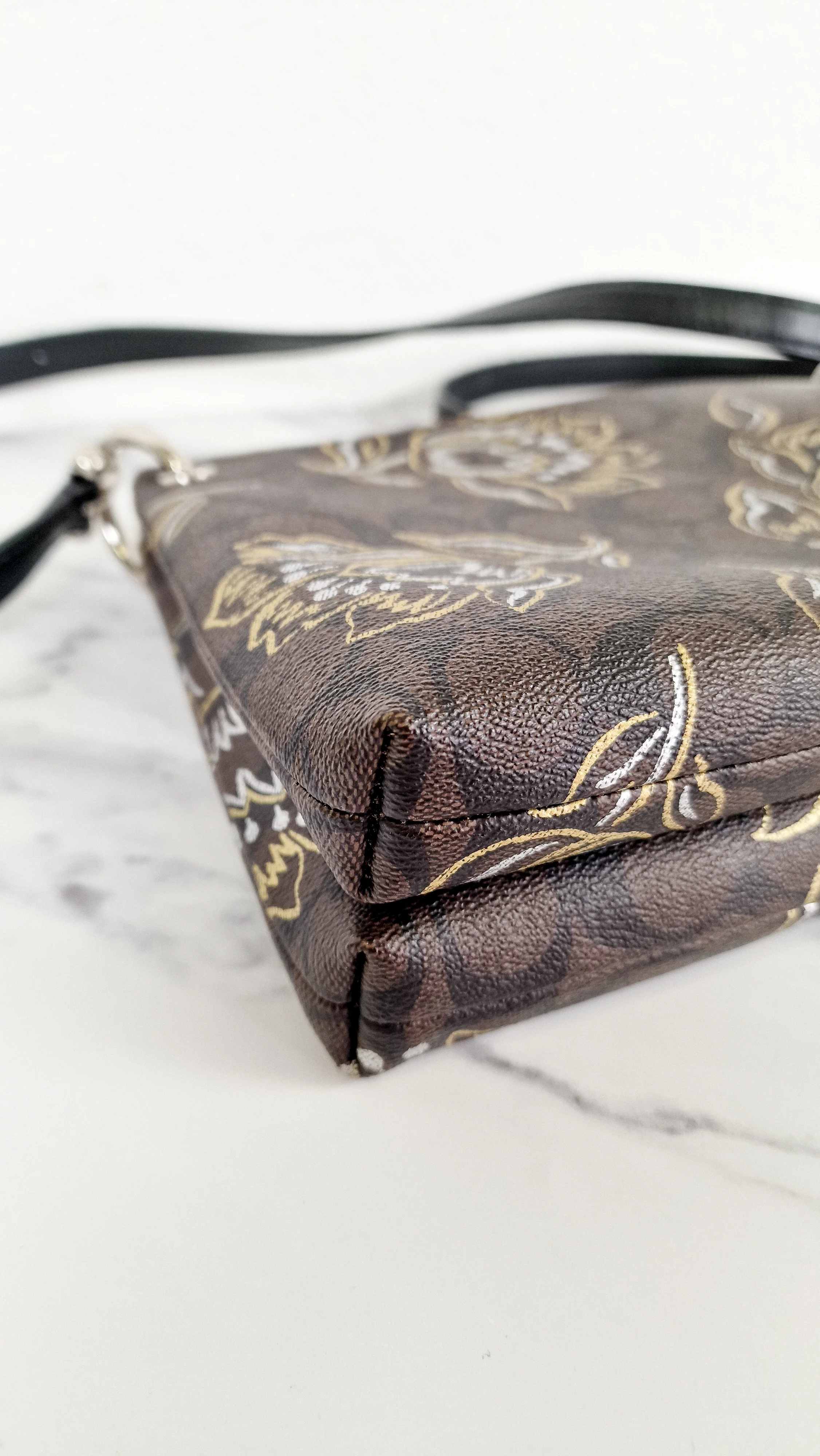 Coach Mia Crossbody Bag in Chestnut Brown Signature Coated Canvas with Metallic Gold and Silver Tulips Flowers - Coach F77982 - Image 8
