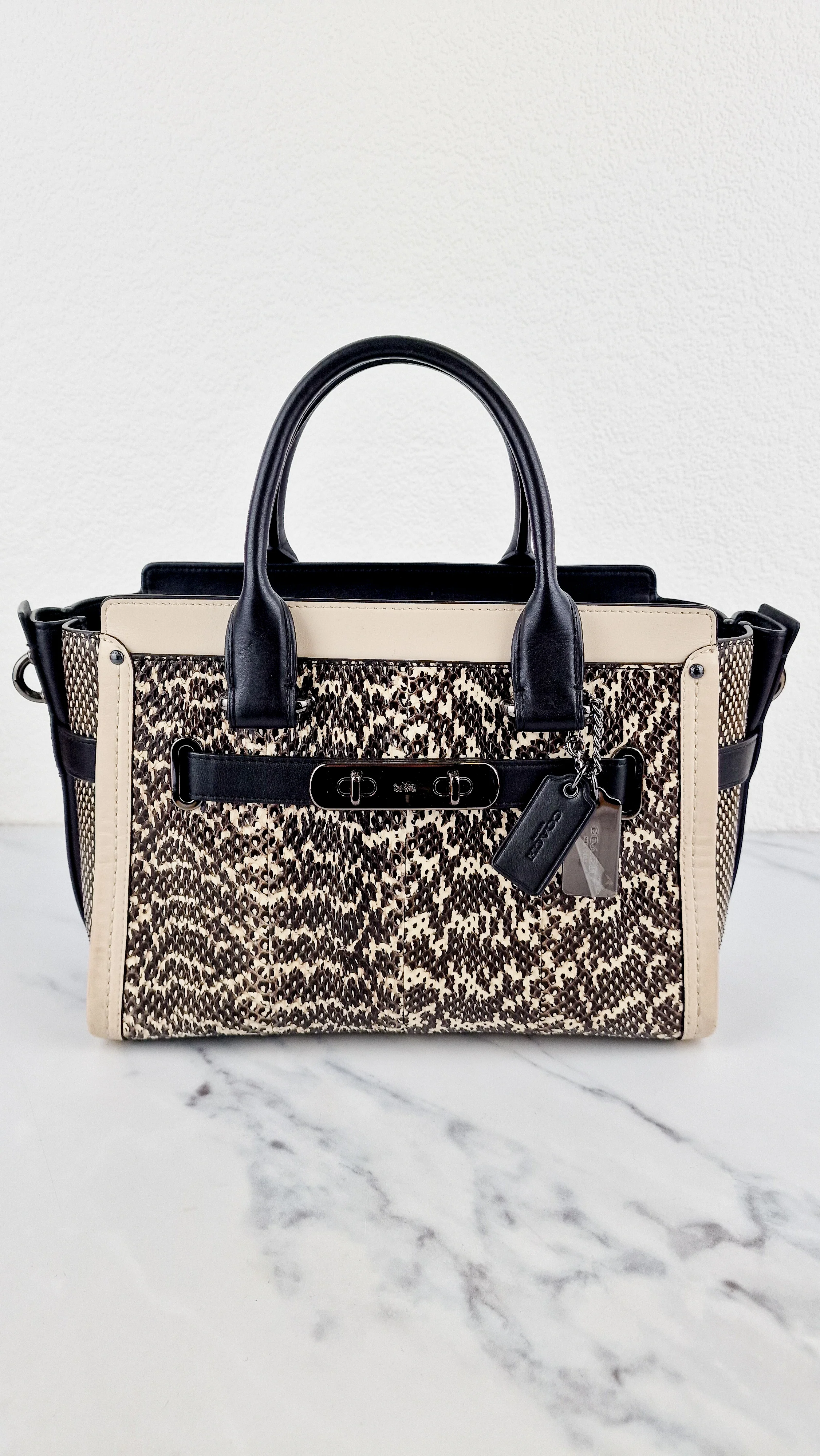 Coach Swagger 27 in Genuine Snakeskin Colorblock Black & White Chalk Leather Handbag - Coach 57113