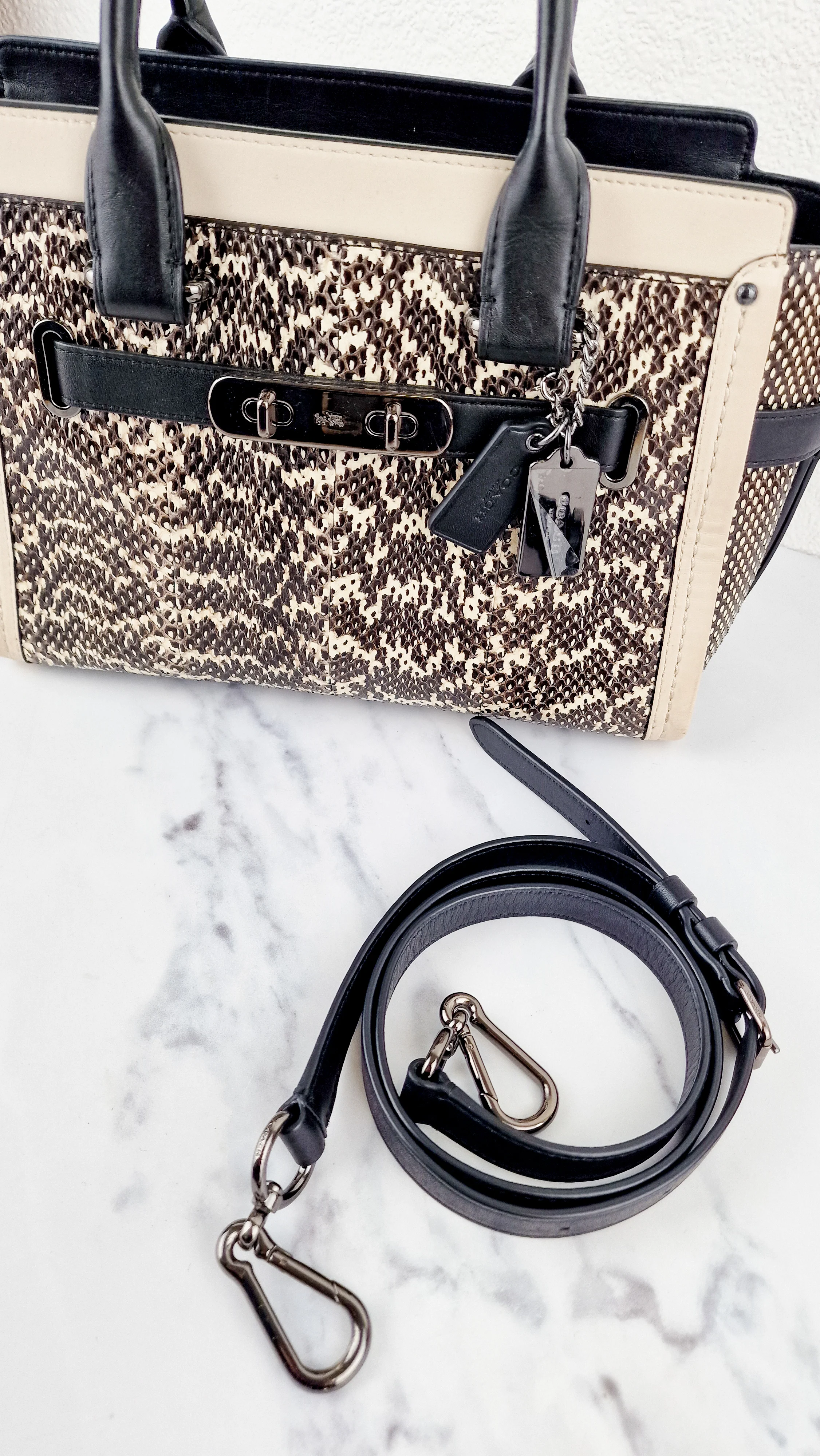 Coach Swagger 27 in Genuine Snakeskin Colorblock Black & White Chalk Leather Handbag - Coach 57113 - Image 14