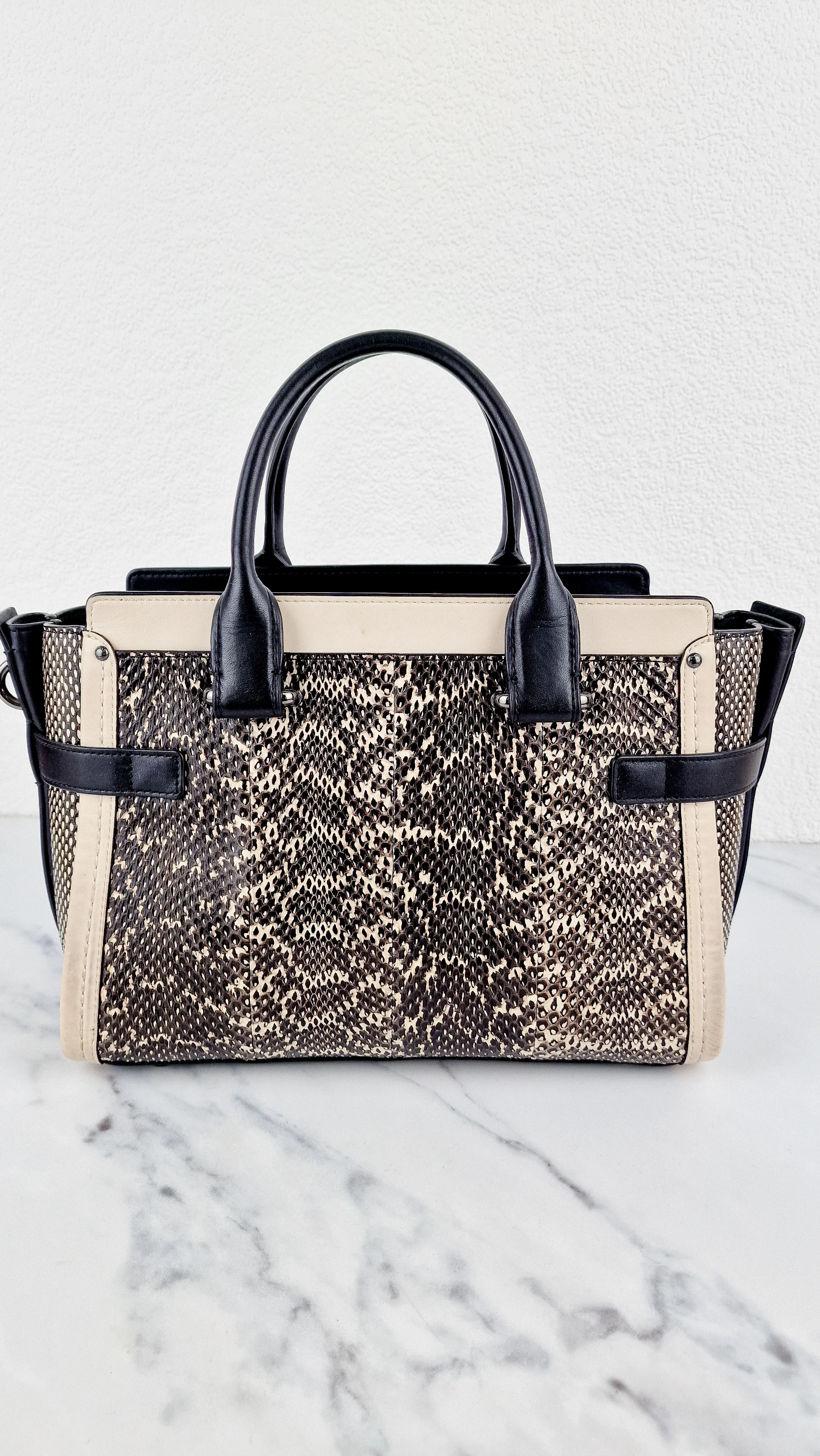 Coach Swagger 27 in Genuine Snakeskin Colorblock Black & White Chalk Leather Handbag - Coach 57113 - Image 5
