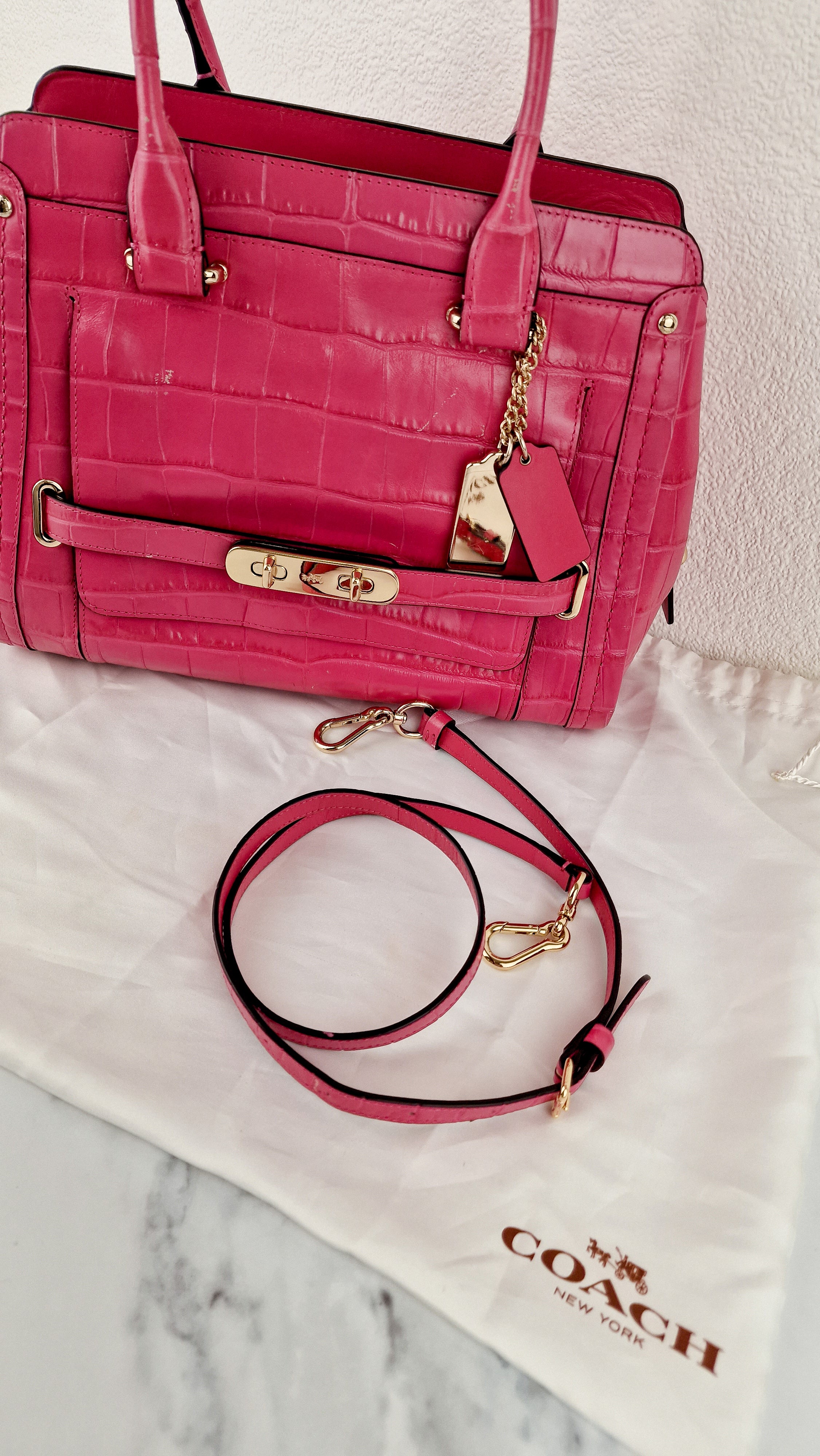 Coach Swagger Frame Bag in Pink Croc Embossed Leather - Handbag Crossbody Bag - Coach 37998 - Image 2