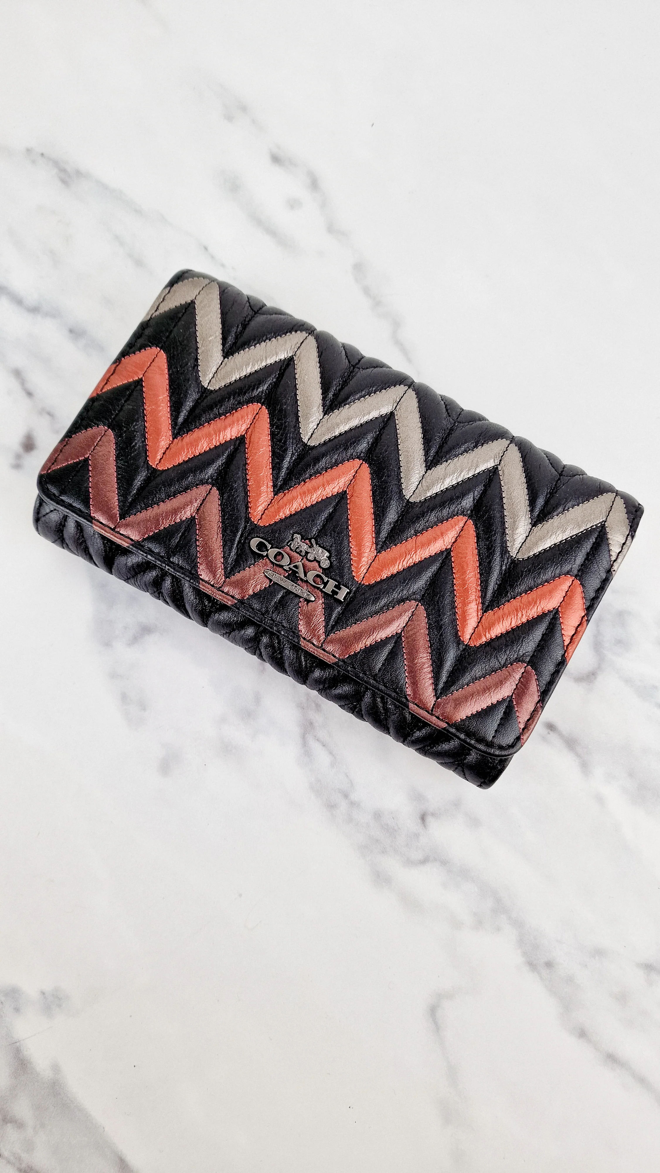 Coach Chevron Quilted Leather Crossbody Wallet Clutch Bag Black Metallic - Coach F38681 - Image 2