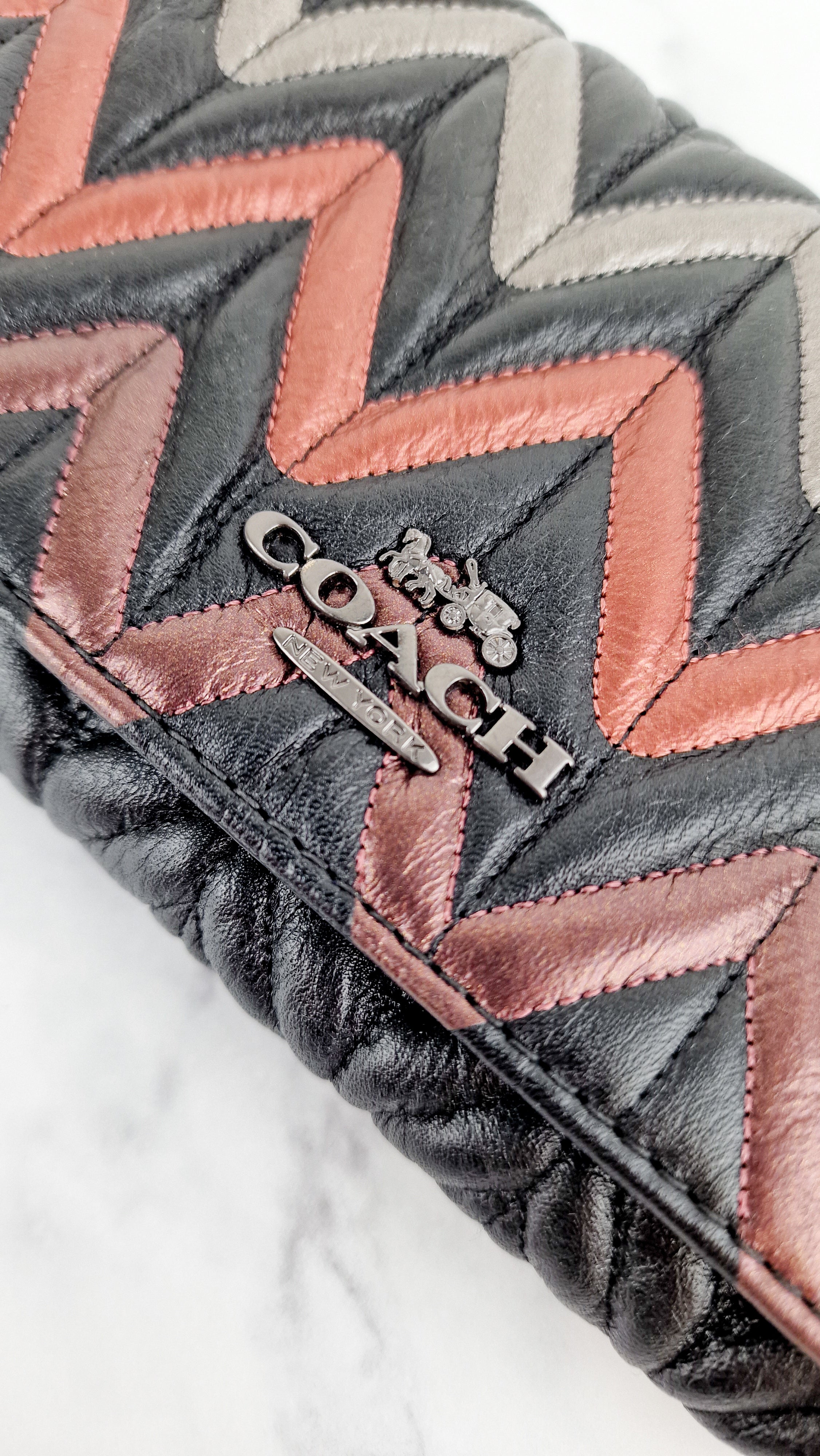 Coach Chevron Quilted Leather Crossbody Wallet Clutch Bag Black Metallic - Coach F38681 - Image 3