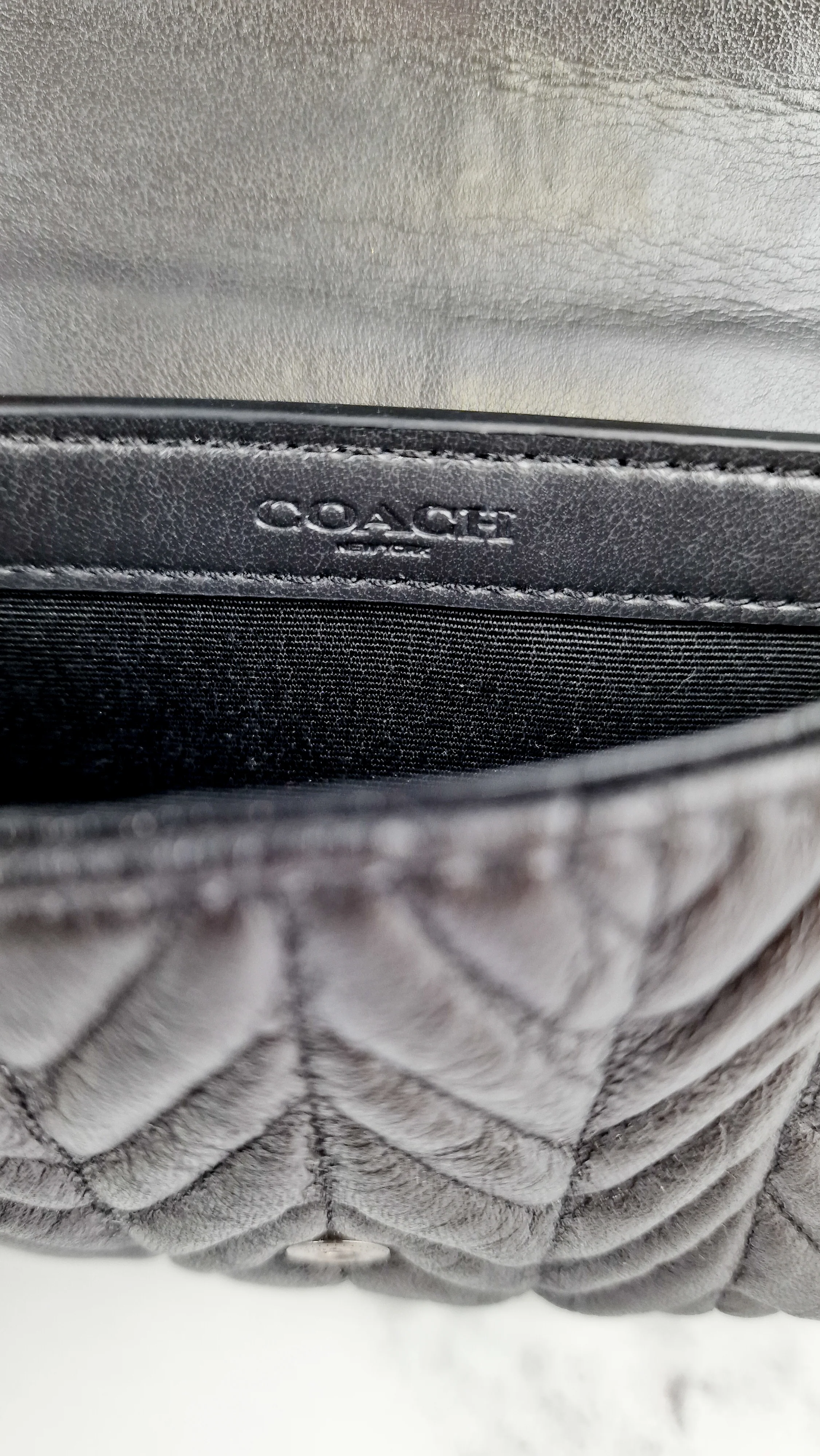 Coach Chevron Quilted Leather Crossbody Wallet Clutch Bag Black Metallic - Coach F38681 - Image 9