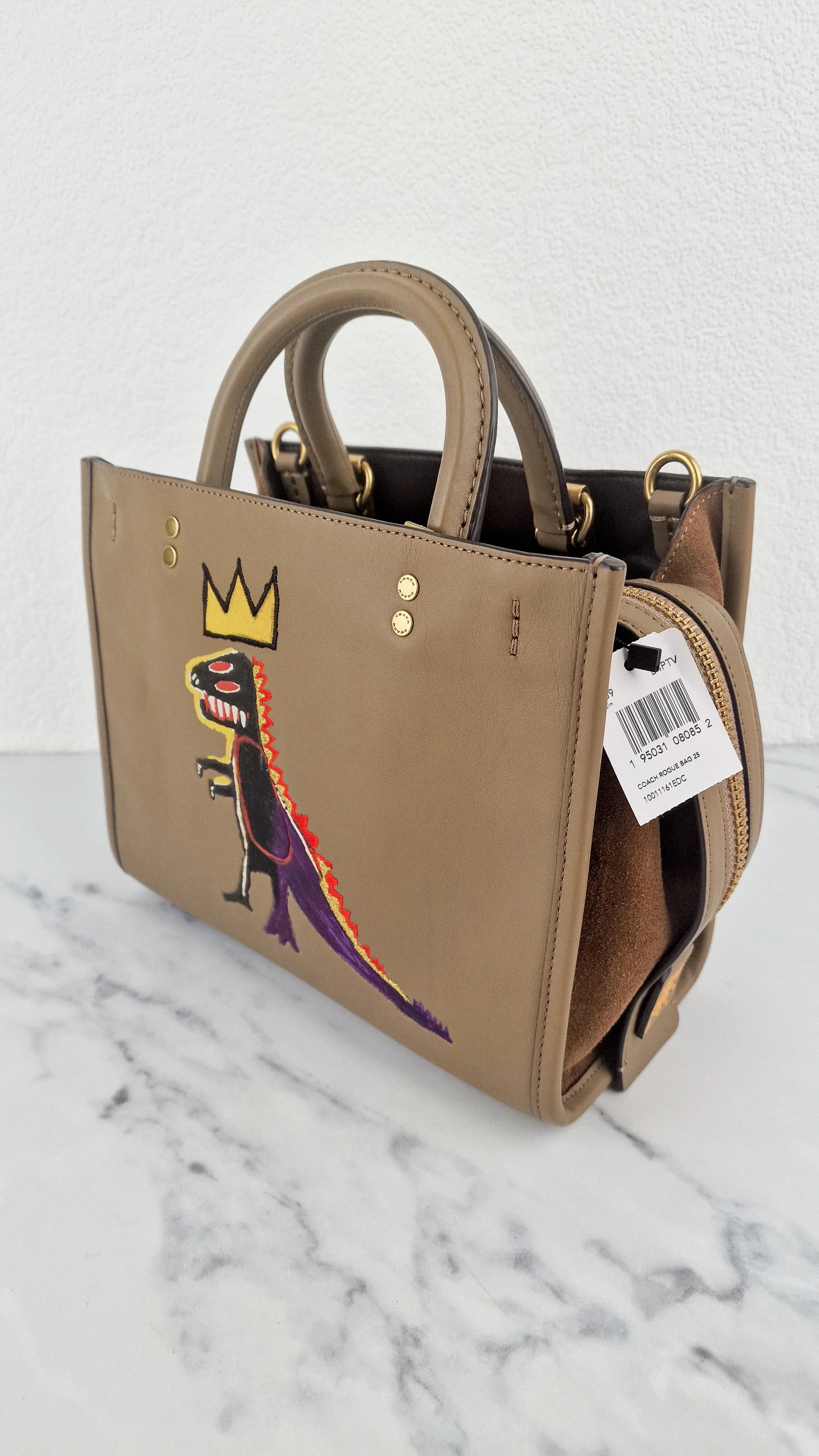 Coach x Jean-Michel Basquiat Rogue 25 Pez Dispenser Dinosaur Bag in Elm Leather & Suede - Handbag Crosbody Shoulder Bag in Taupe Beechwood Coach 6889 - Image 4