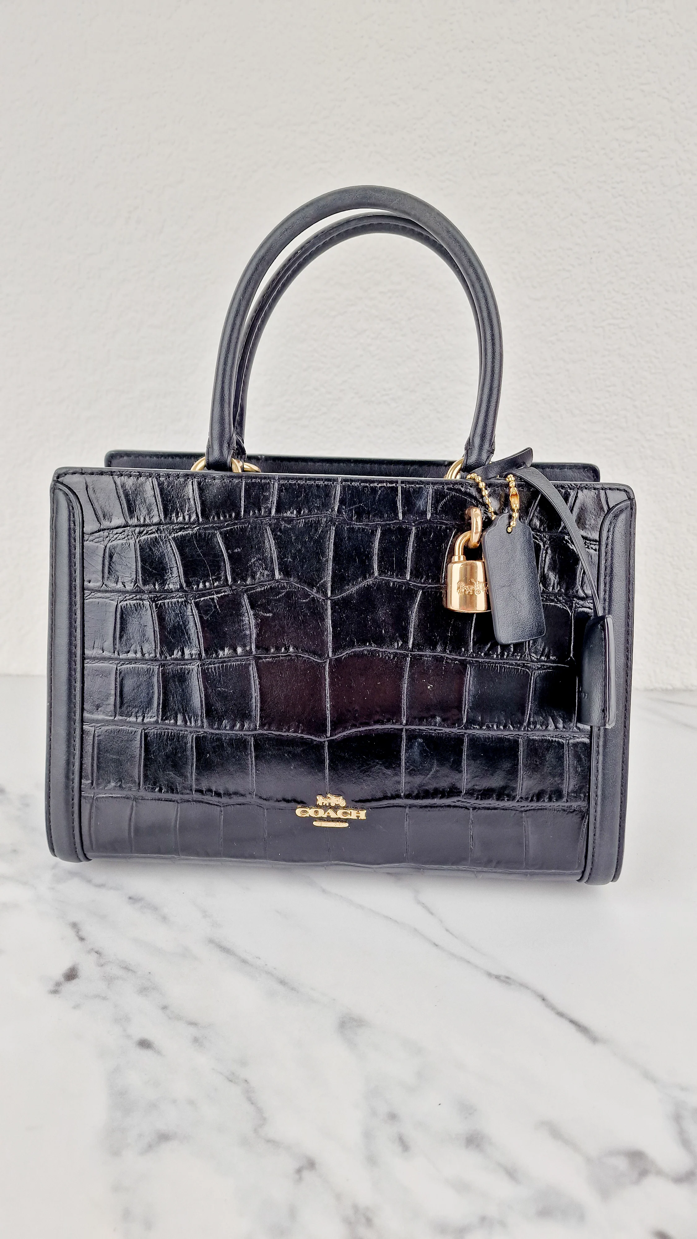 Small Coach Zoe Carryall Handbag in Croc Embossed Black Leather Crossbody - Coach F72666