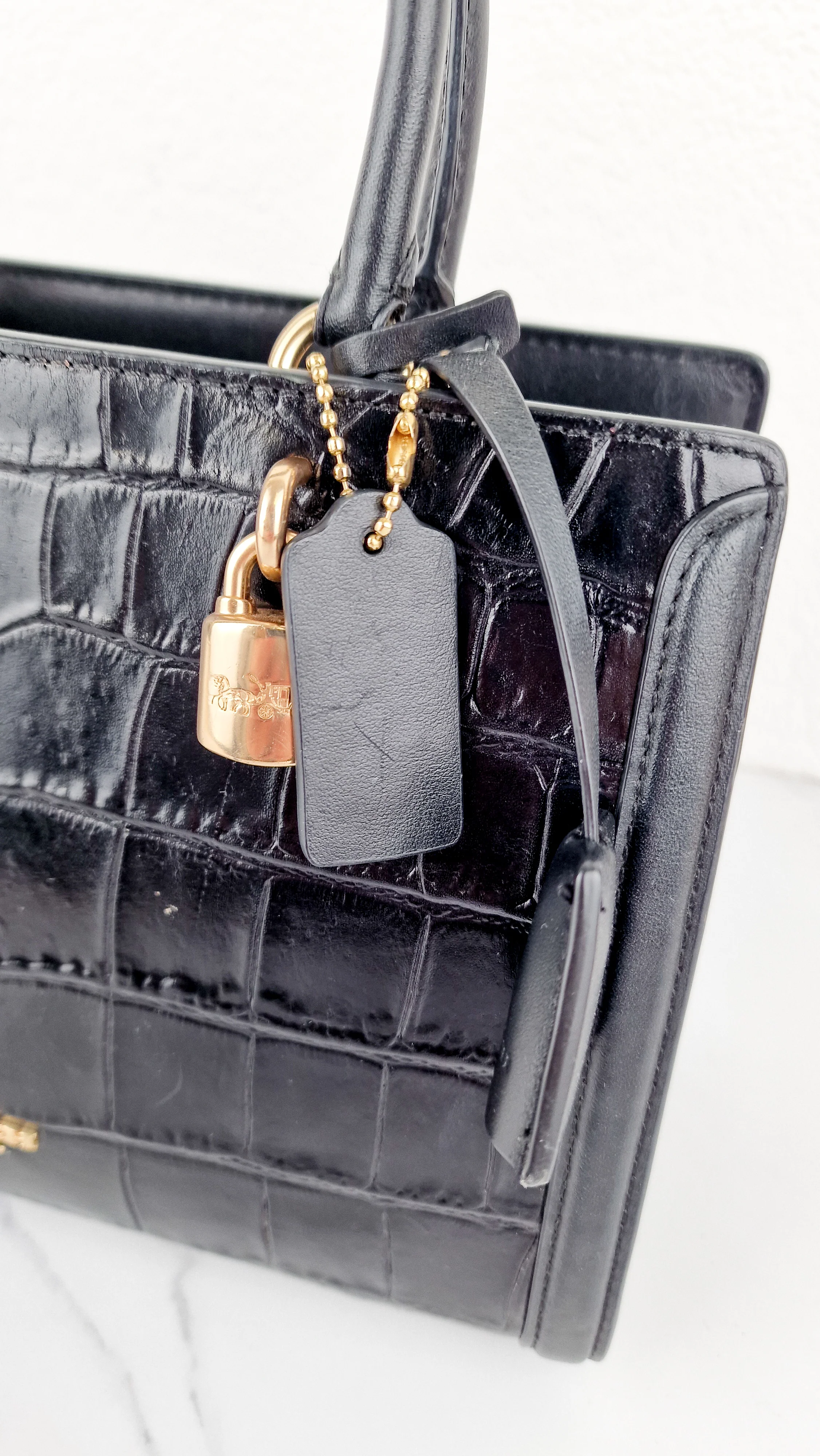 Small Coach Zoe Carryall Handbag in Croc Embossed Black Leather Crossbody - Coach F72666 - Image 3