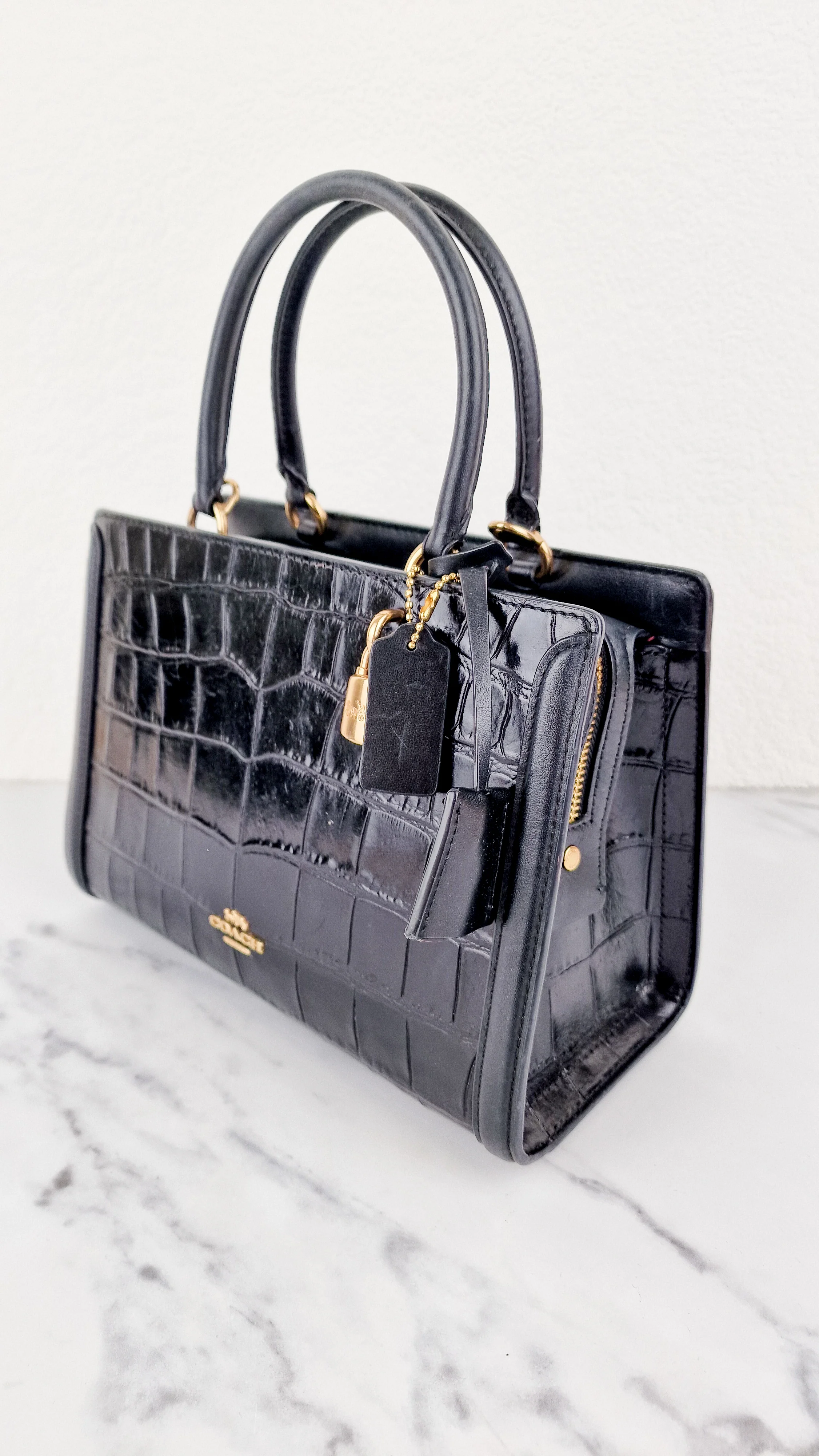 Small Coach Zoe Carryall Handbag in Croc Embossed Black Leather Crossbody - Coach F72666 - Image 5