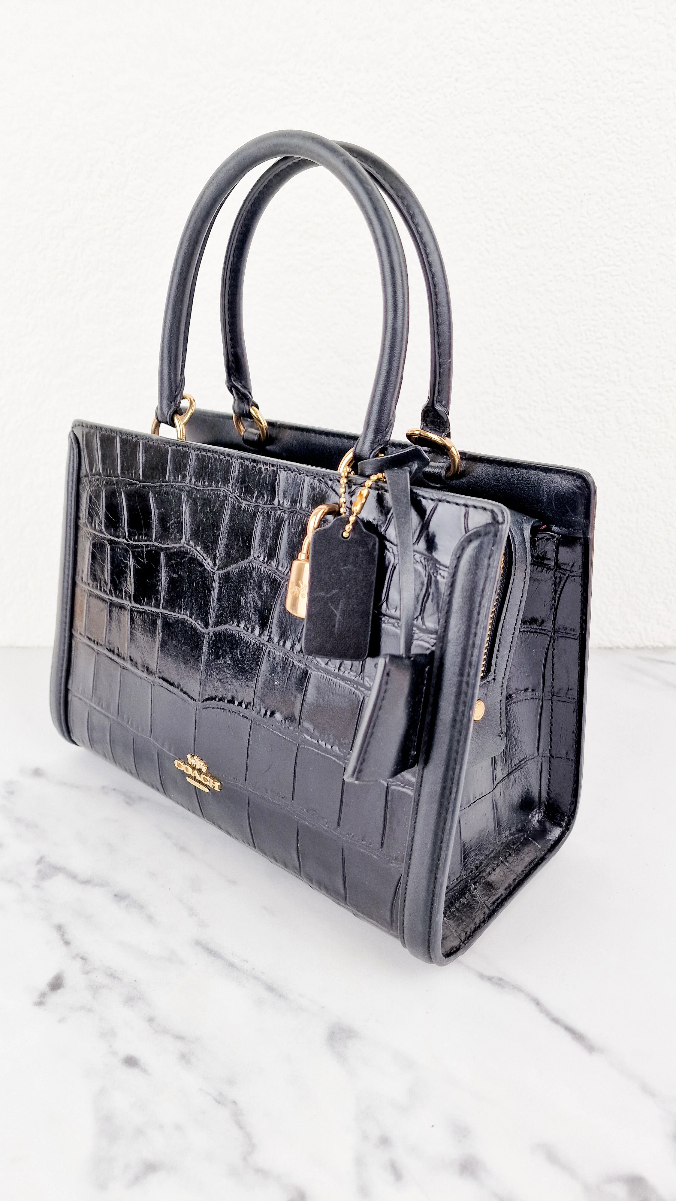 Small Coach Zoe Carryall Handbag in Croc Embossed Black Leather Crossbody - Coach F72666 - Image 6