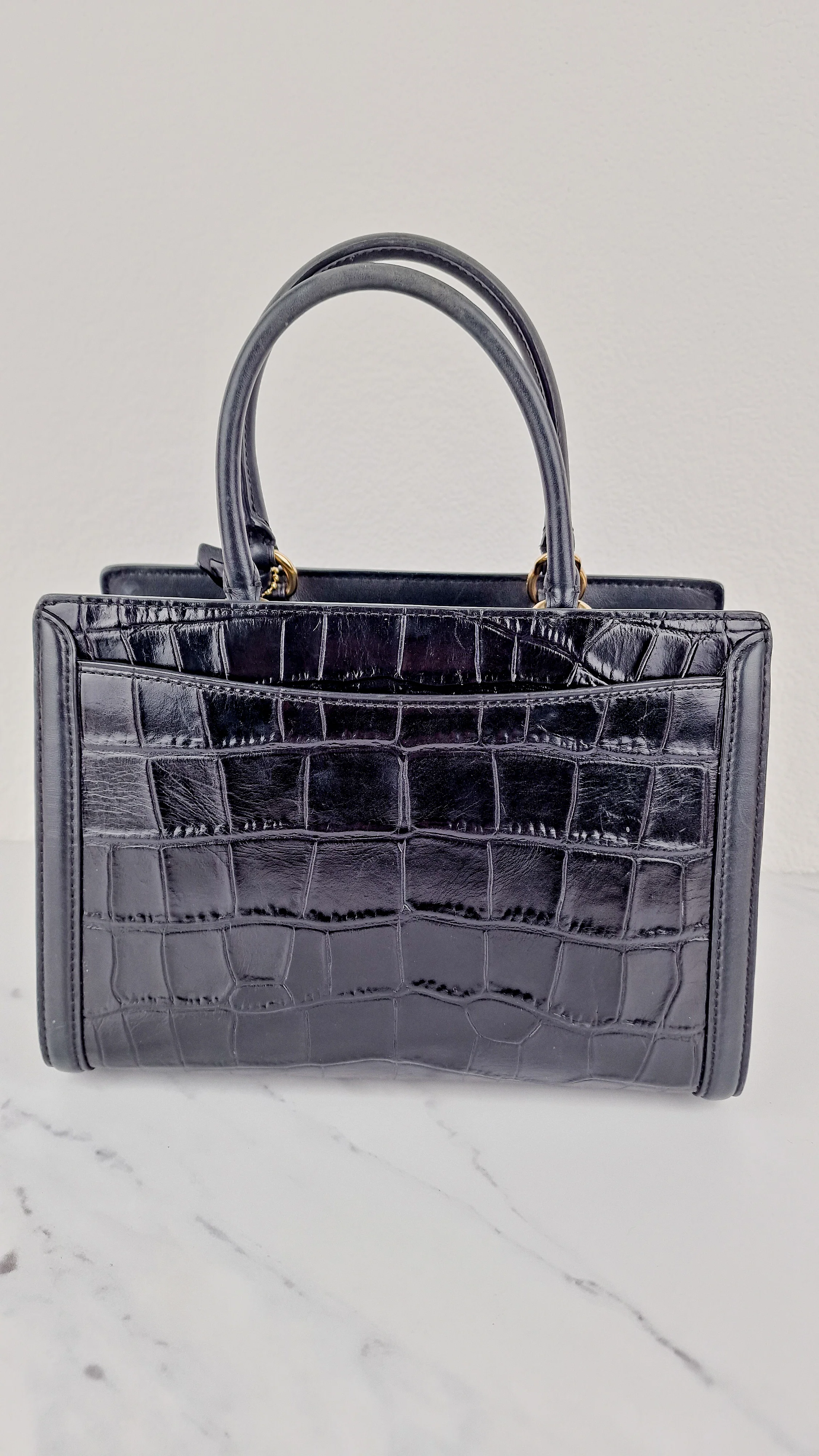 Small Coach Zoe Carryall Handbag in Croc Embossed Black Leather Crossbody - Coach F72666 - Image 9