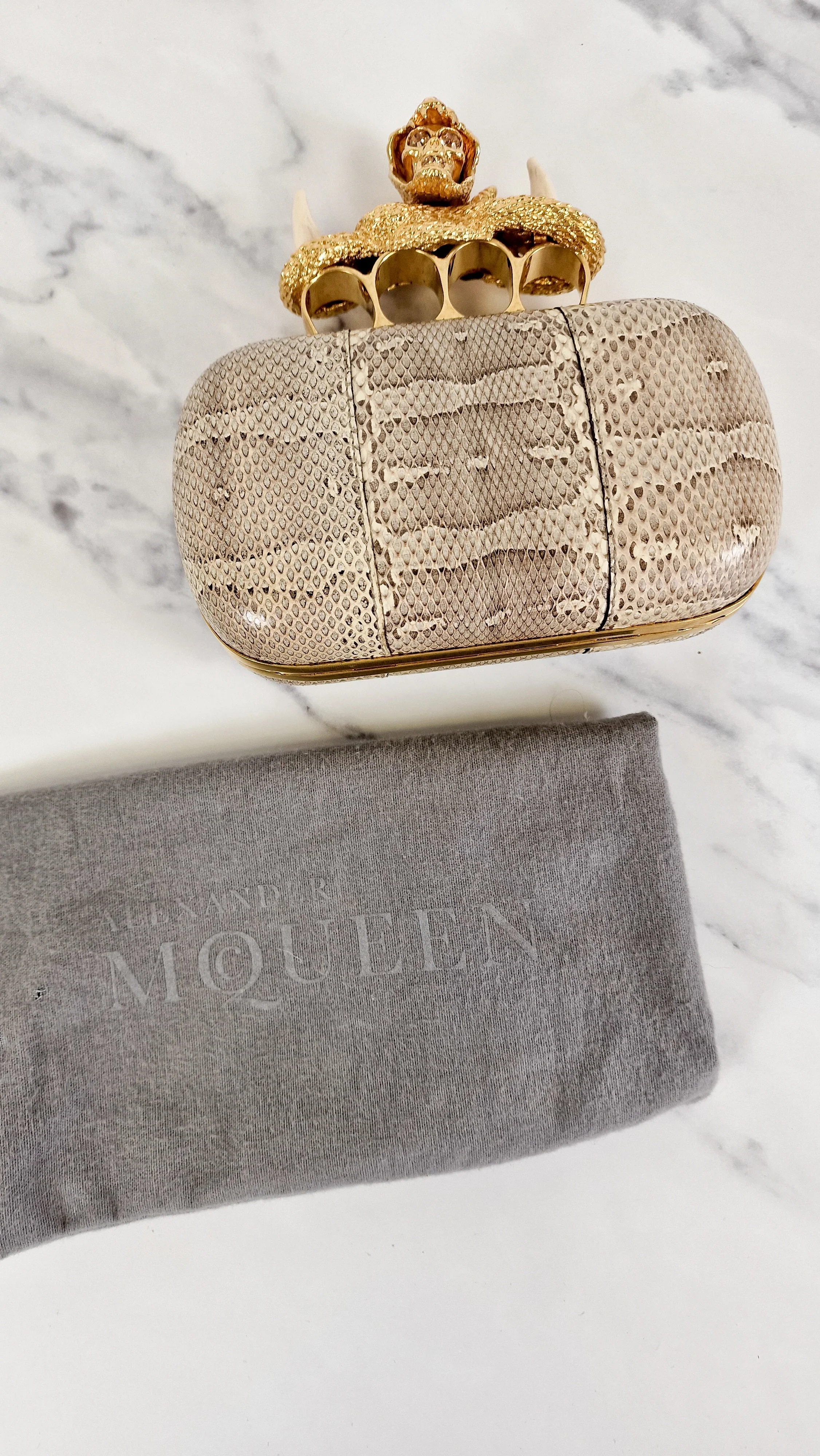 RARE Alexander McQueen Skull Knuckle Box Clutch in Ayers Snakeskin with Gold Serpent & Horns - 287073 000926 - Image 18